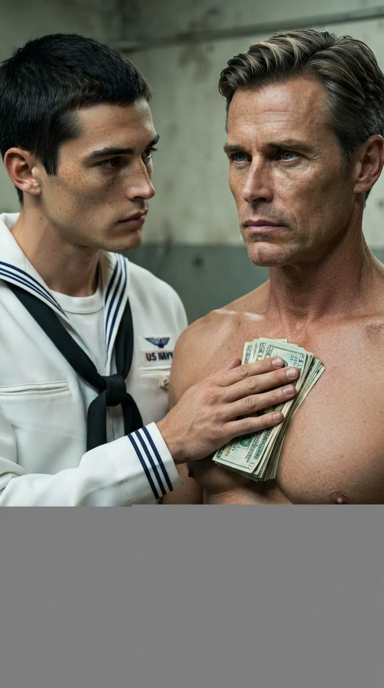 The maintenance worker presses the cash back against the other man's chest.