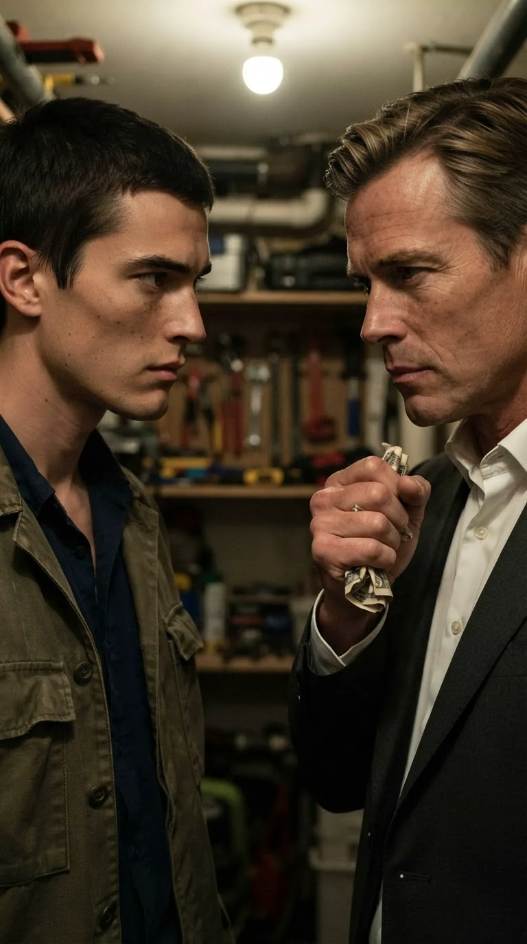 Close on the two men, the older one's hand closed around the cash, his breathing shallow.