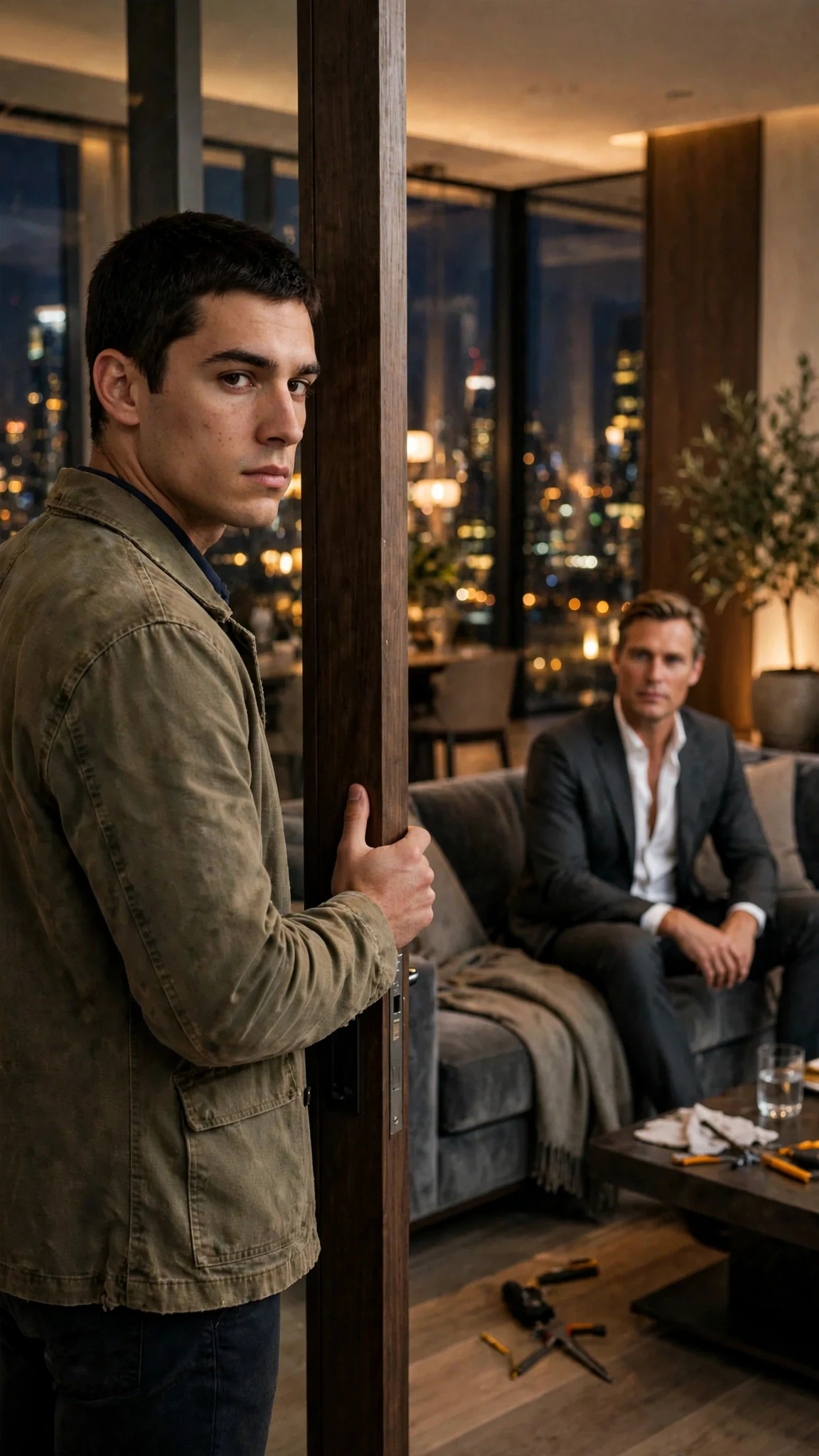 The maintenance worker pauses at the penthouse door and looks back at the man on the couch.
