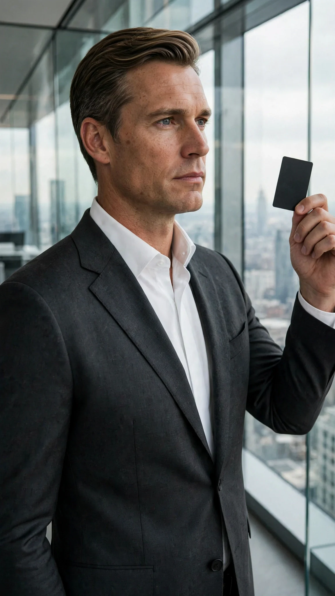 A dark-blond man in a charcoal suit holds a black key card by a wall of glass in morning light.