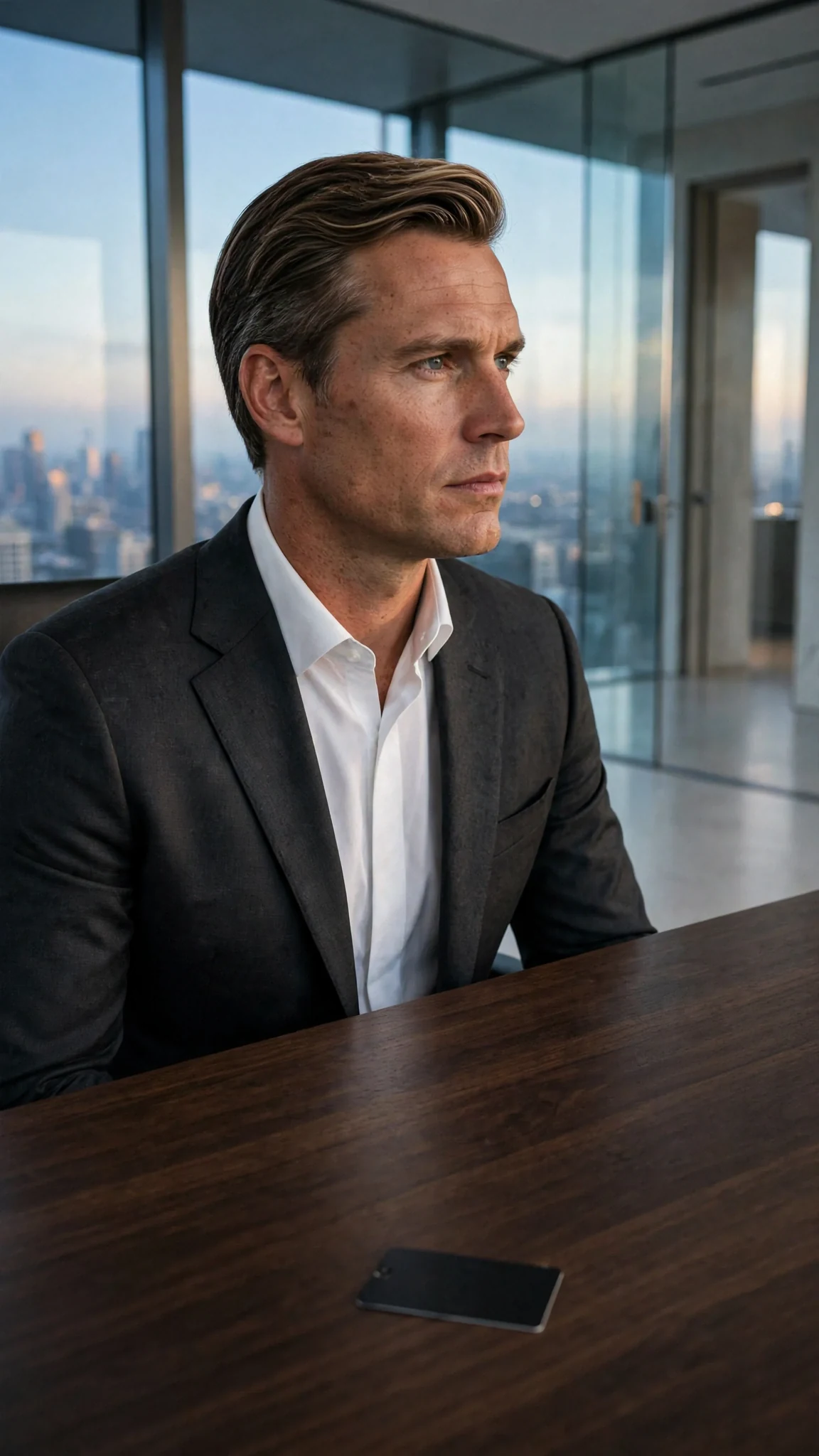 A man in a charcoal suit sits behind a dark desk, a black card in front of him, looking toward a door.