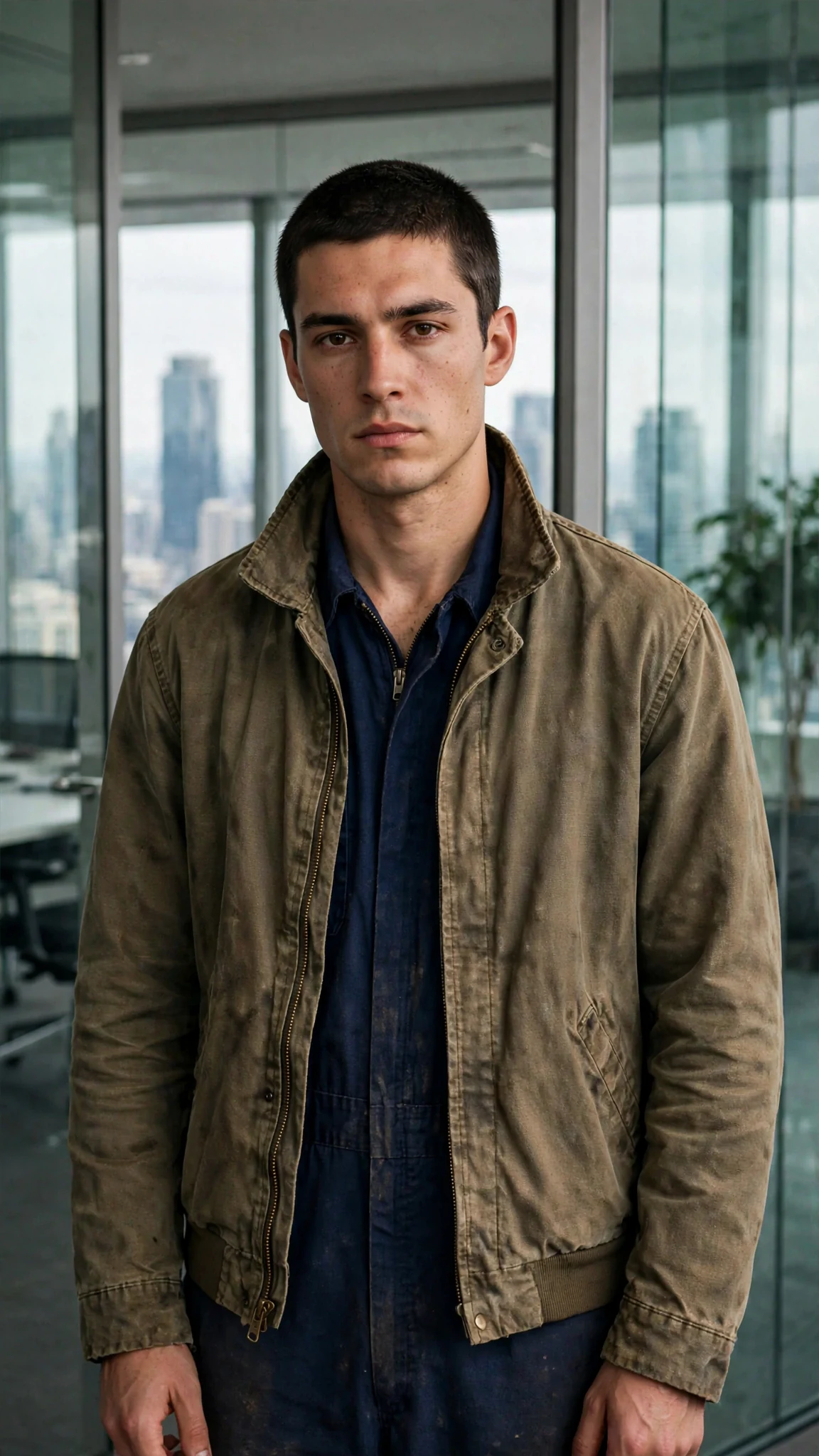 A lean young man in a navy maintenance uniform and worn canvas jacket stands in a doorway, jaw tight.