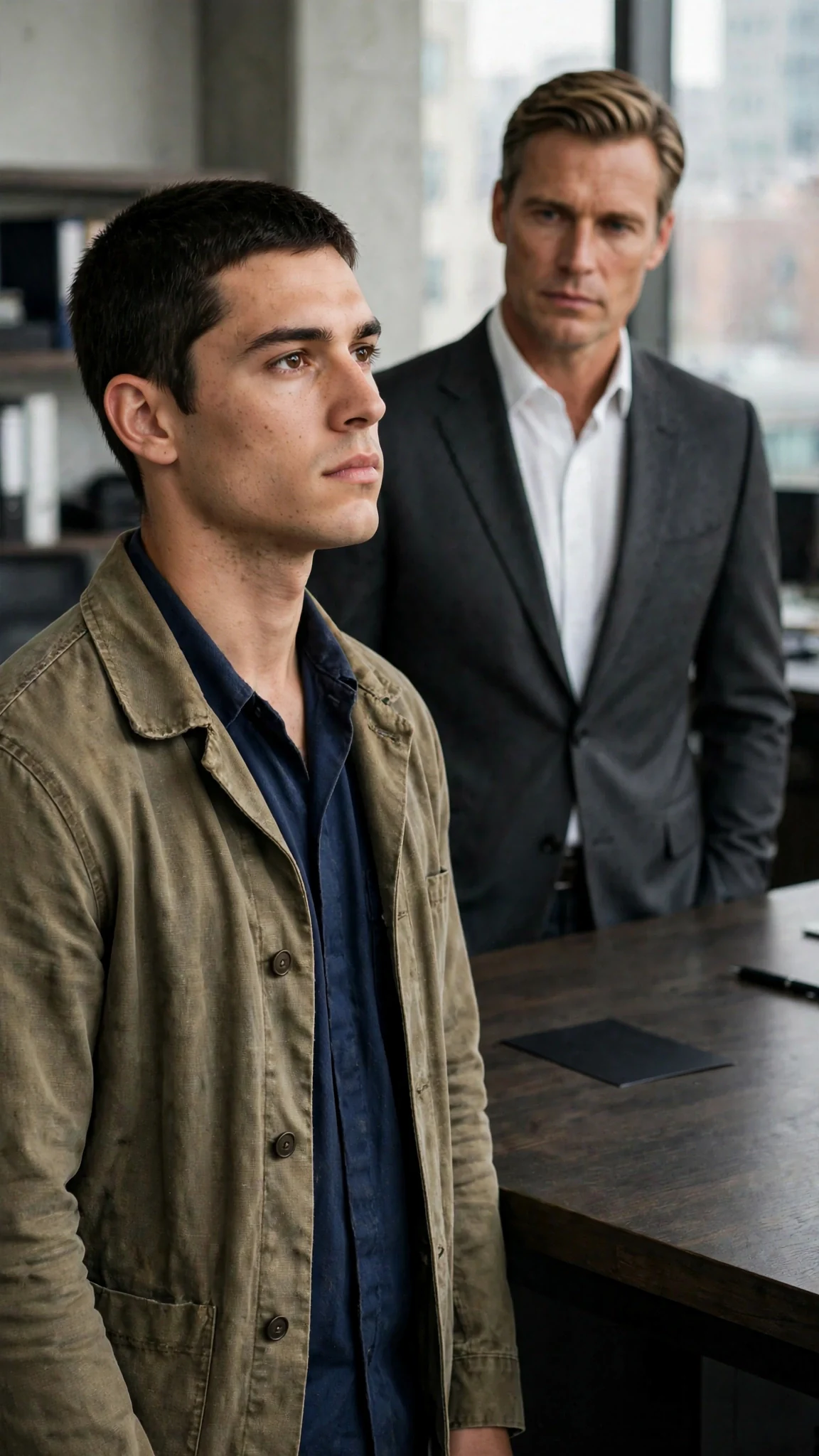 A young man in a maintenance uniform stands before a desk while a suited man watches him.
