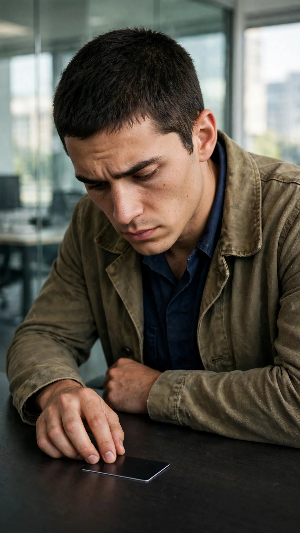 A black key card lies under a young man's hand on a dark desk as he frowns down at it.