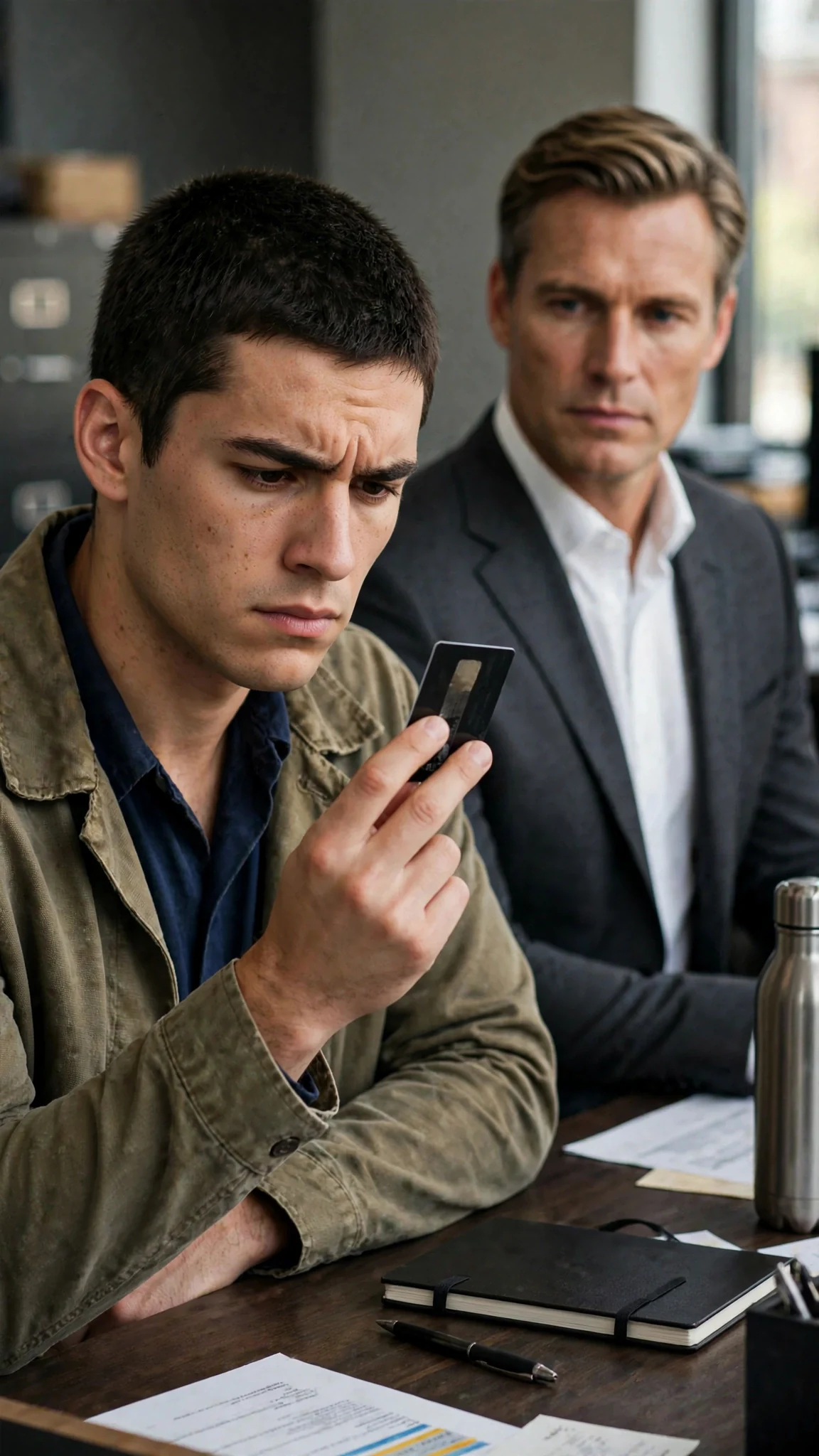 A maintenance worker holds a black card up and turns it over while a suited man watches.