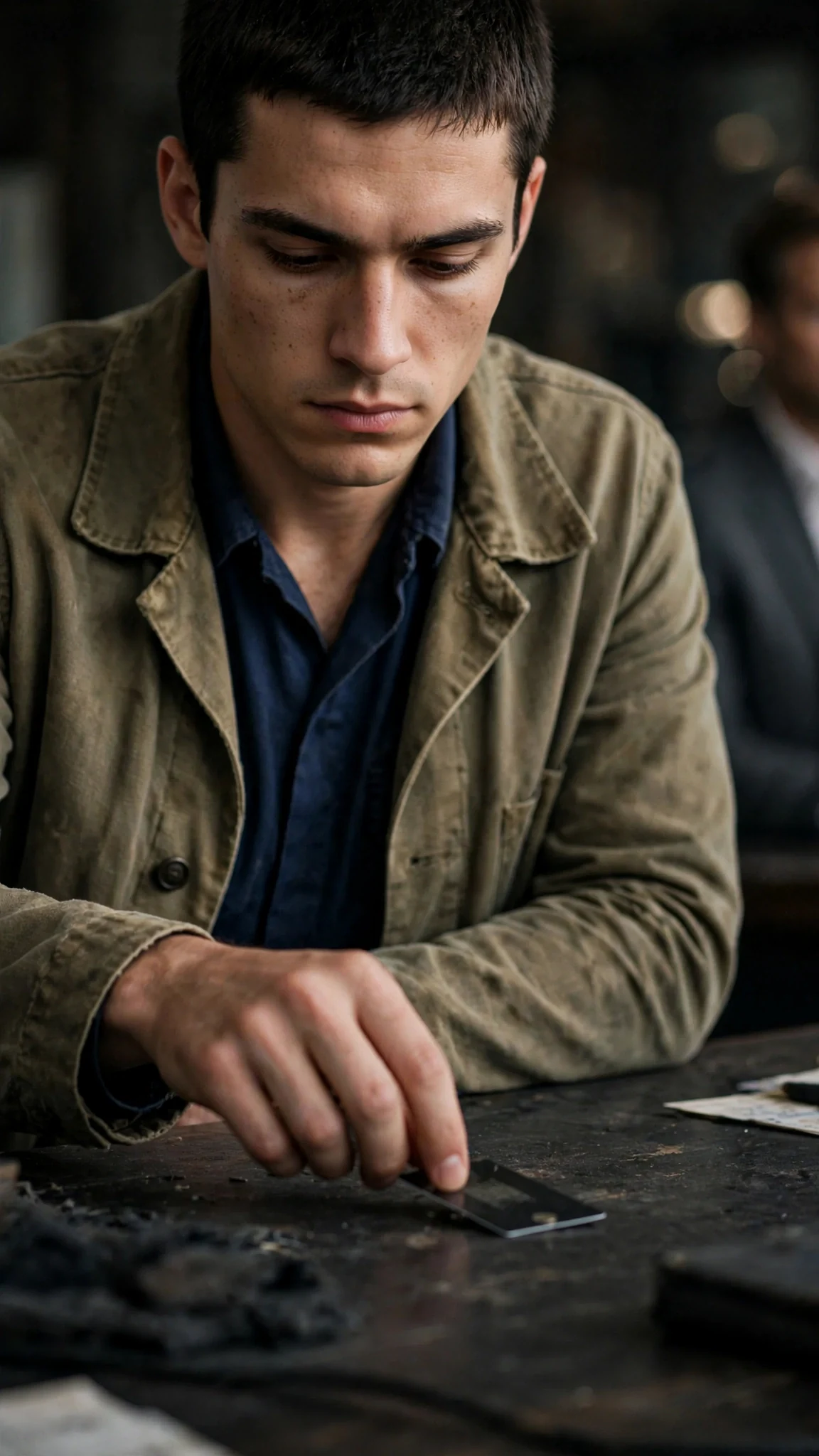 A young man sets a card down on a desk, his face closing off.