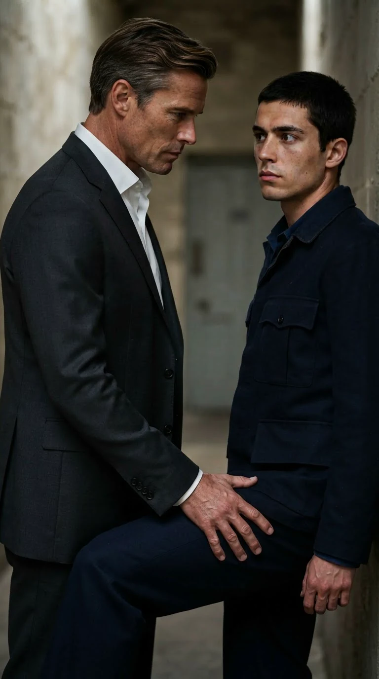 A suited man stands close beside a maintenance worker, one hand flat on his thigh.