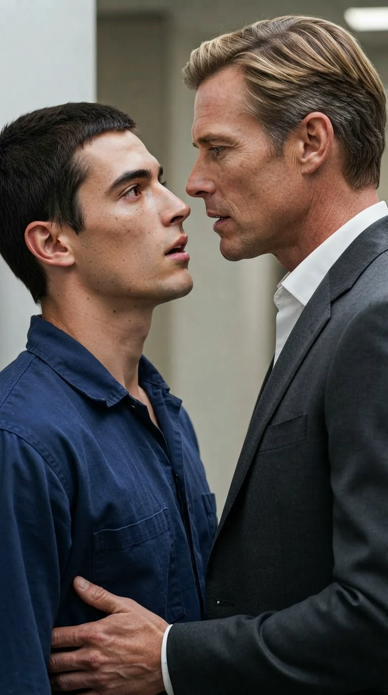 A suited man speaks against a young man's mouth, one hand still at his waist.