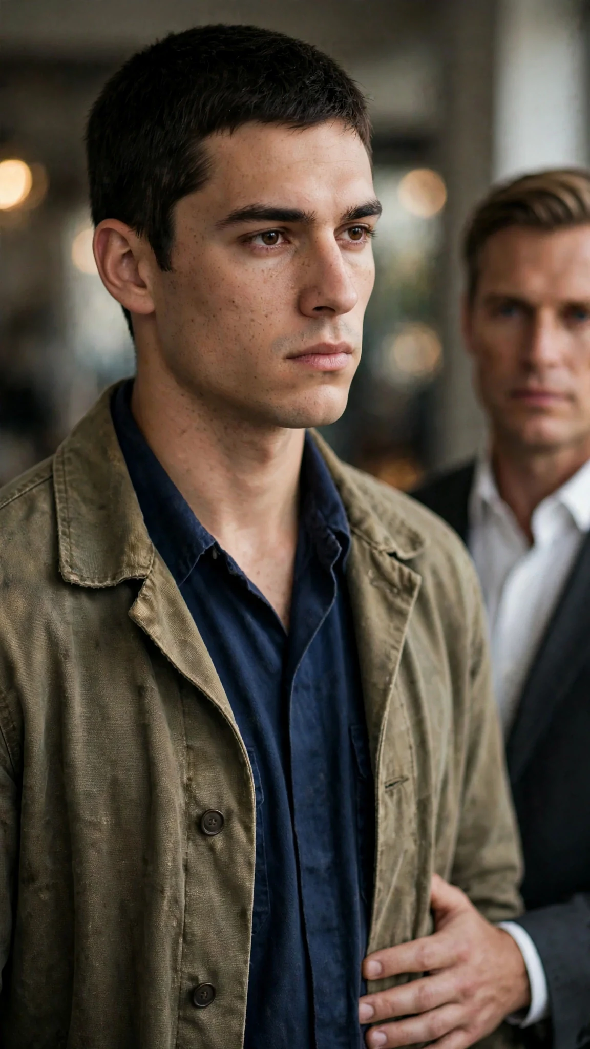 Close on a young man's face going cold while a suited man's hand rests at his waist.