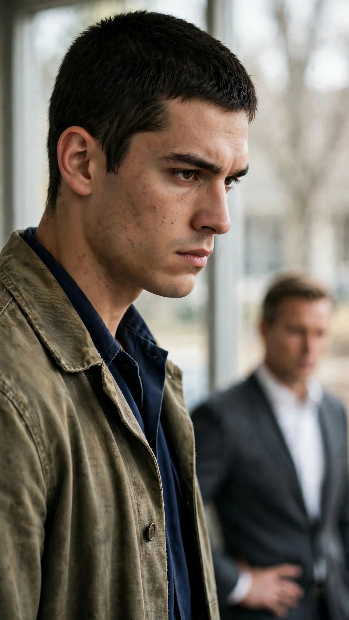 A young man's jaw tightens, his eyes hard, a suited man's hand still at his waist.