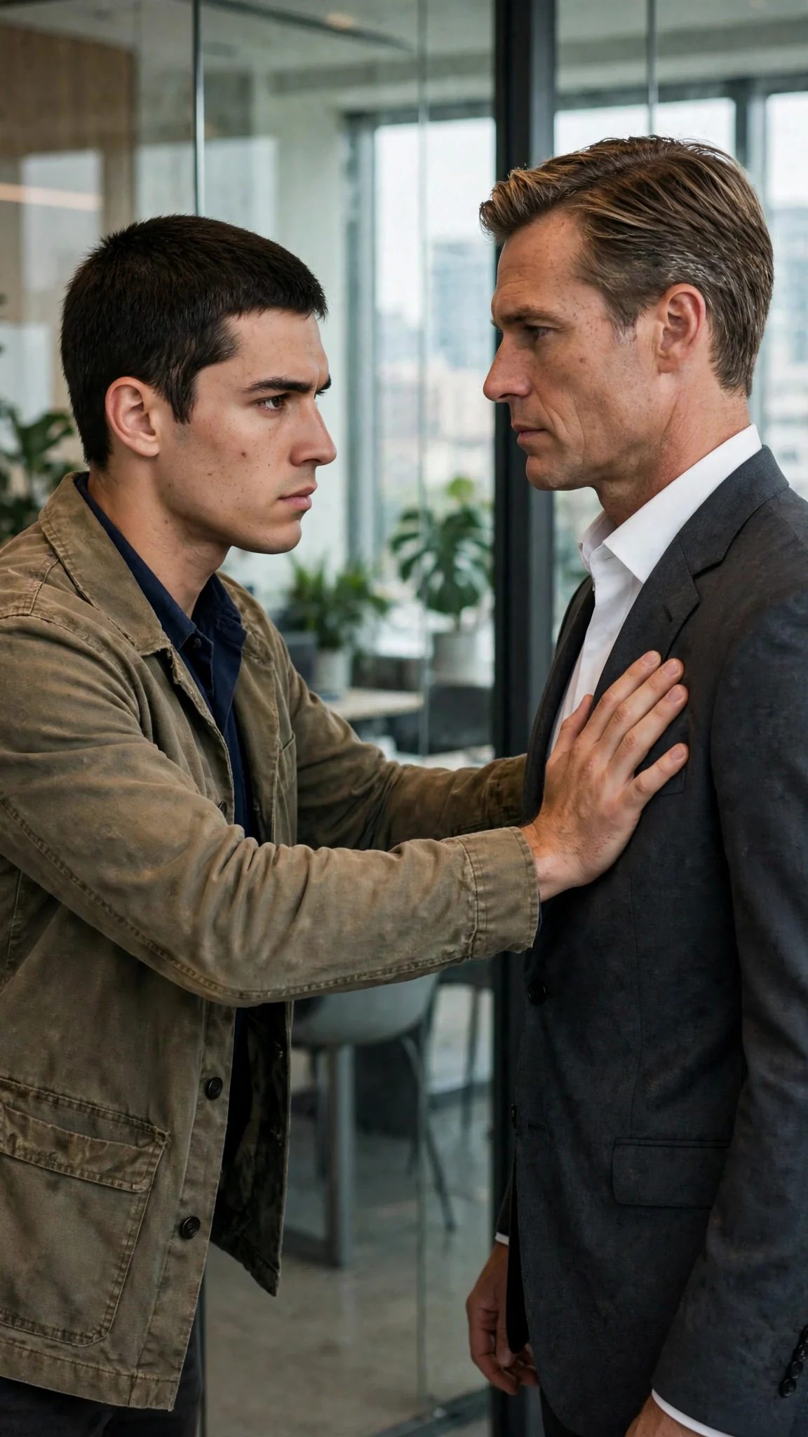 A young man pushes a suited man back with a flat hand on his chest, arm's length apart.