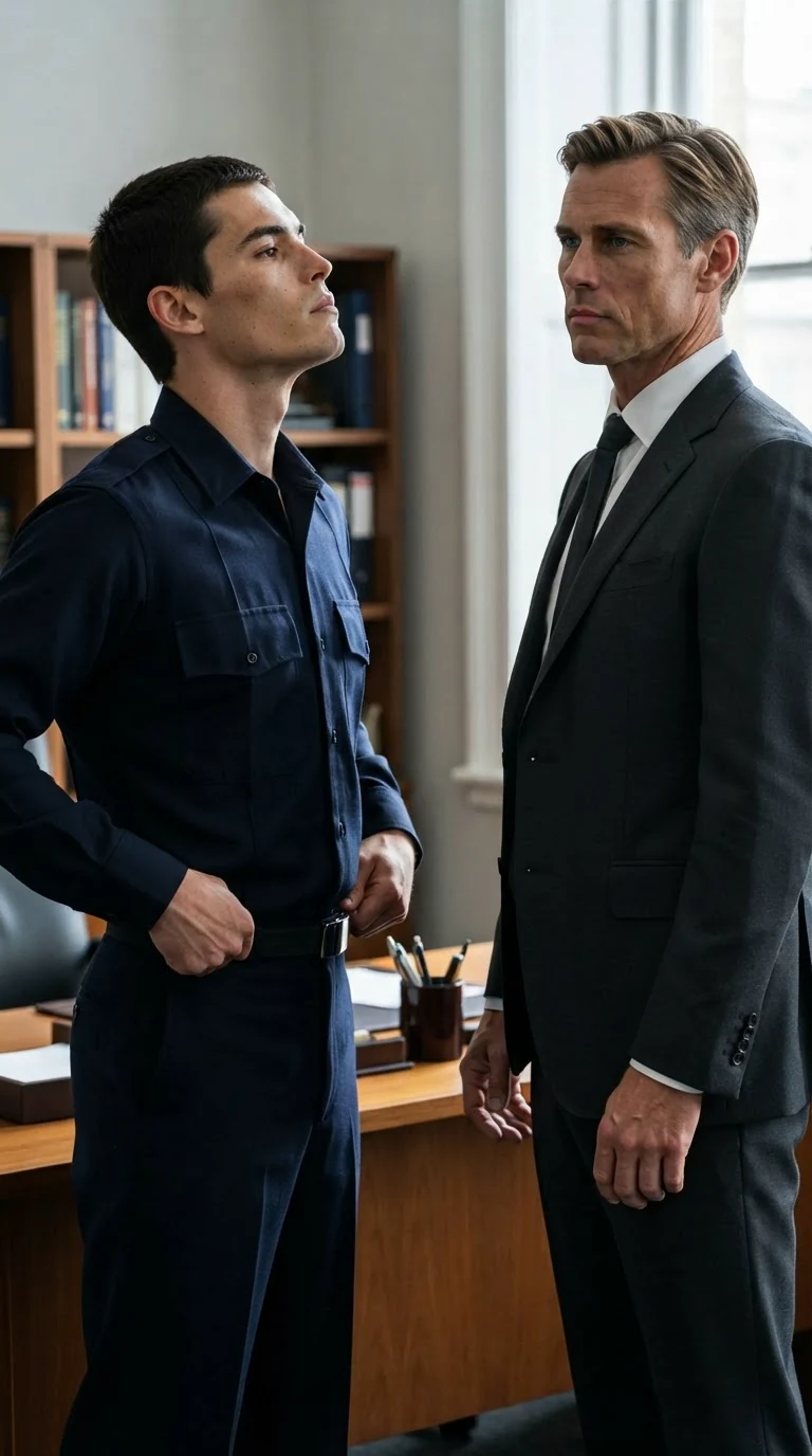 A young man tugs his shirt down, glaring at a suited man who stands perfectly still.