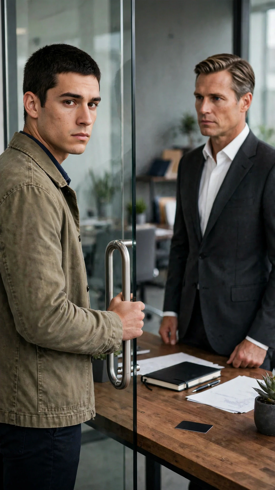 A young man pauses at the office door, hand on the handle, looking back at a suited man.