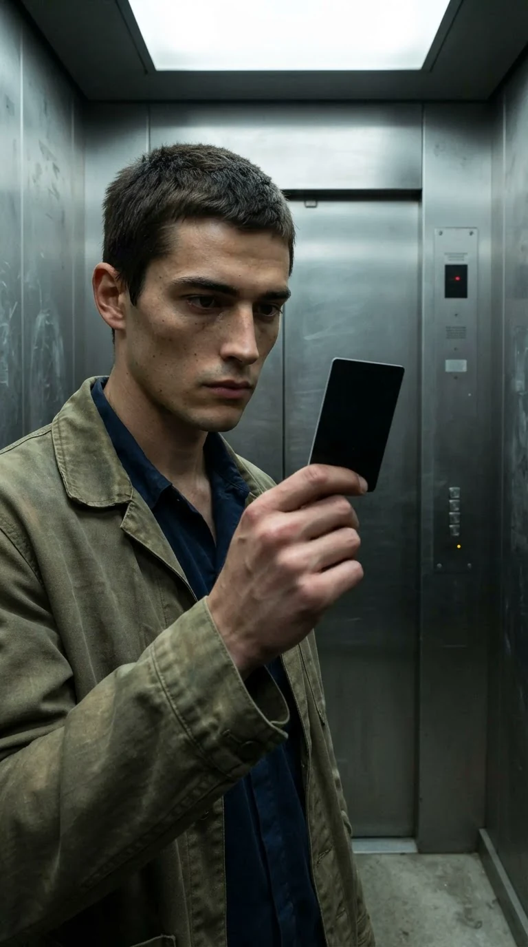 A tired young man alone in a steel service elevator, looking at a black card in his hand.