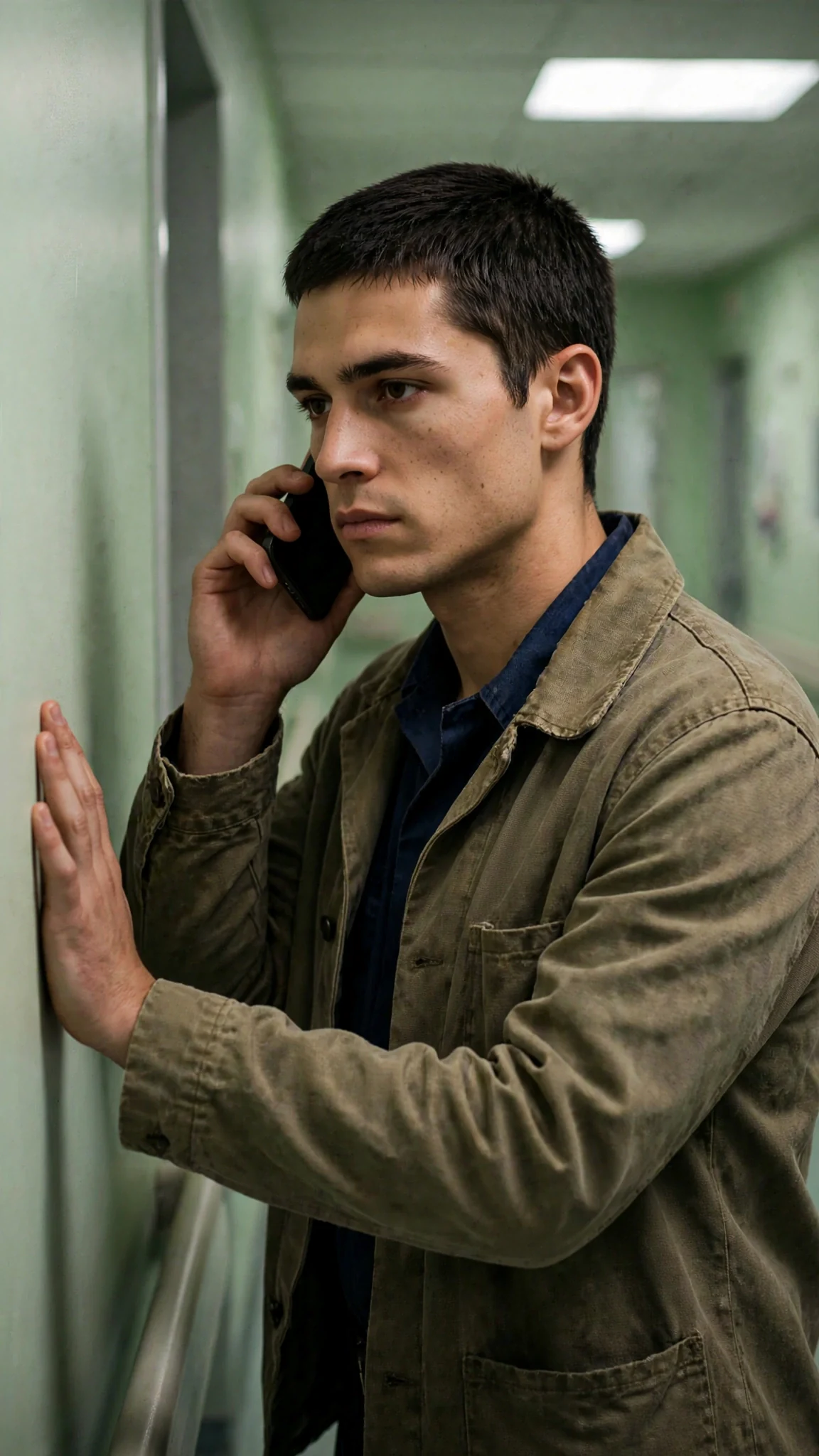 A tired young man in a navy work uniform stands in a hospital hallway at night, phone pressed to his ear.