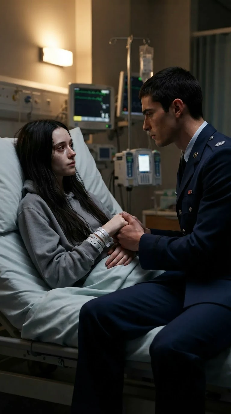 A pale young woman in a hospital bed with a gray hoodie and bracelets, a man holding her hand.