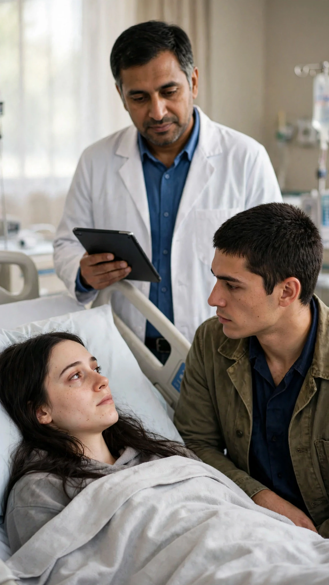 A doctor in a white coat stands at the foot of the bed holding a tablet.