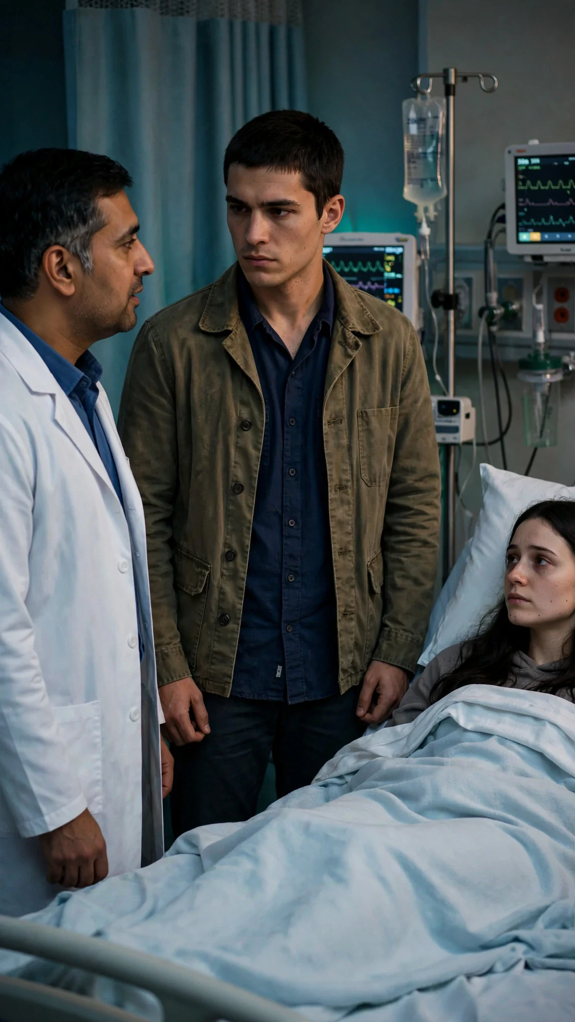 The doctor speaks to the brother across the bed while the sister watches them both.