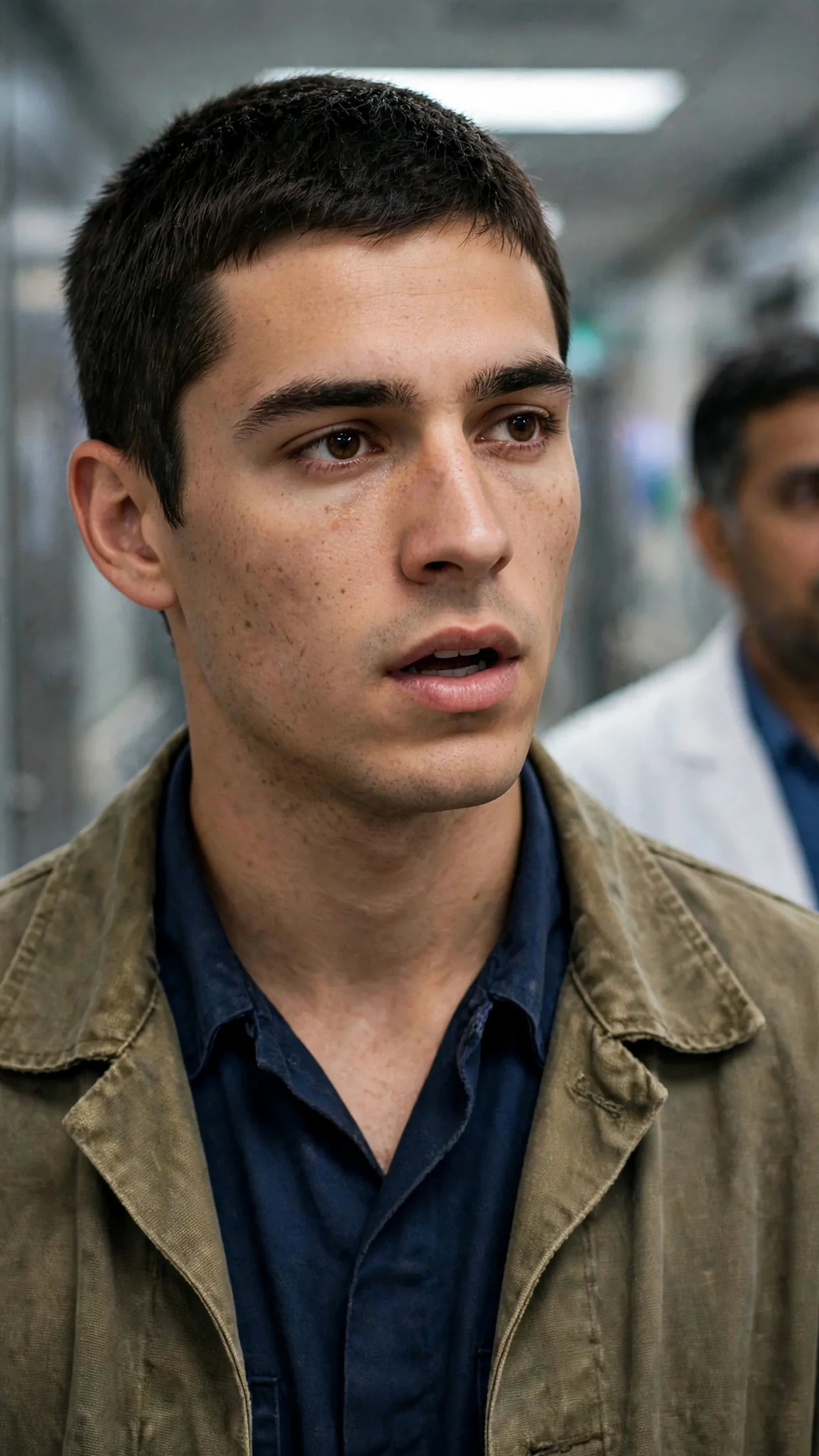 A close view of the brother's face as he hears the amount, the doctor blurred behind him.