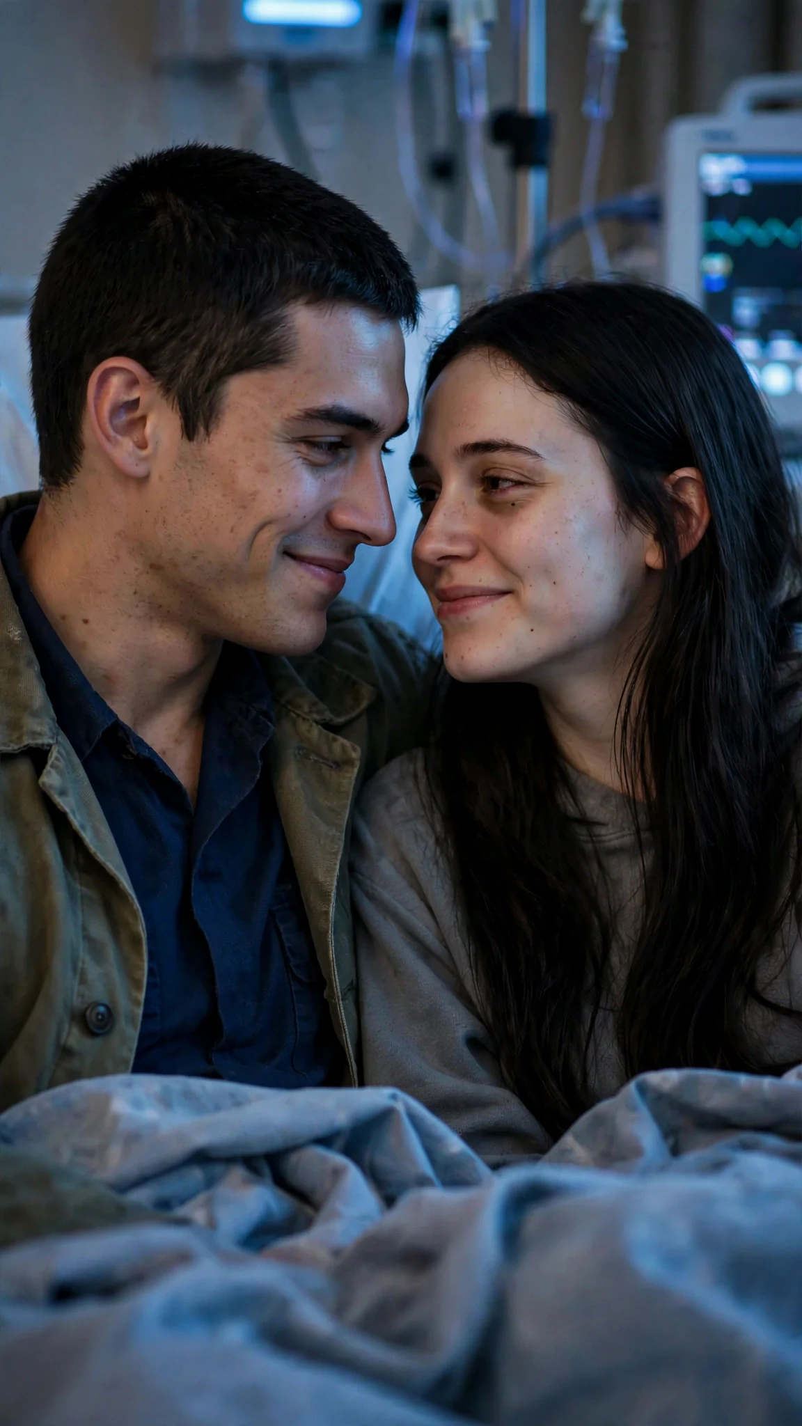 The brother leans in, forcing a smile, while the sister smiles back weakly.