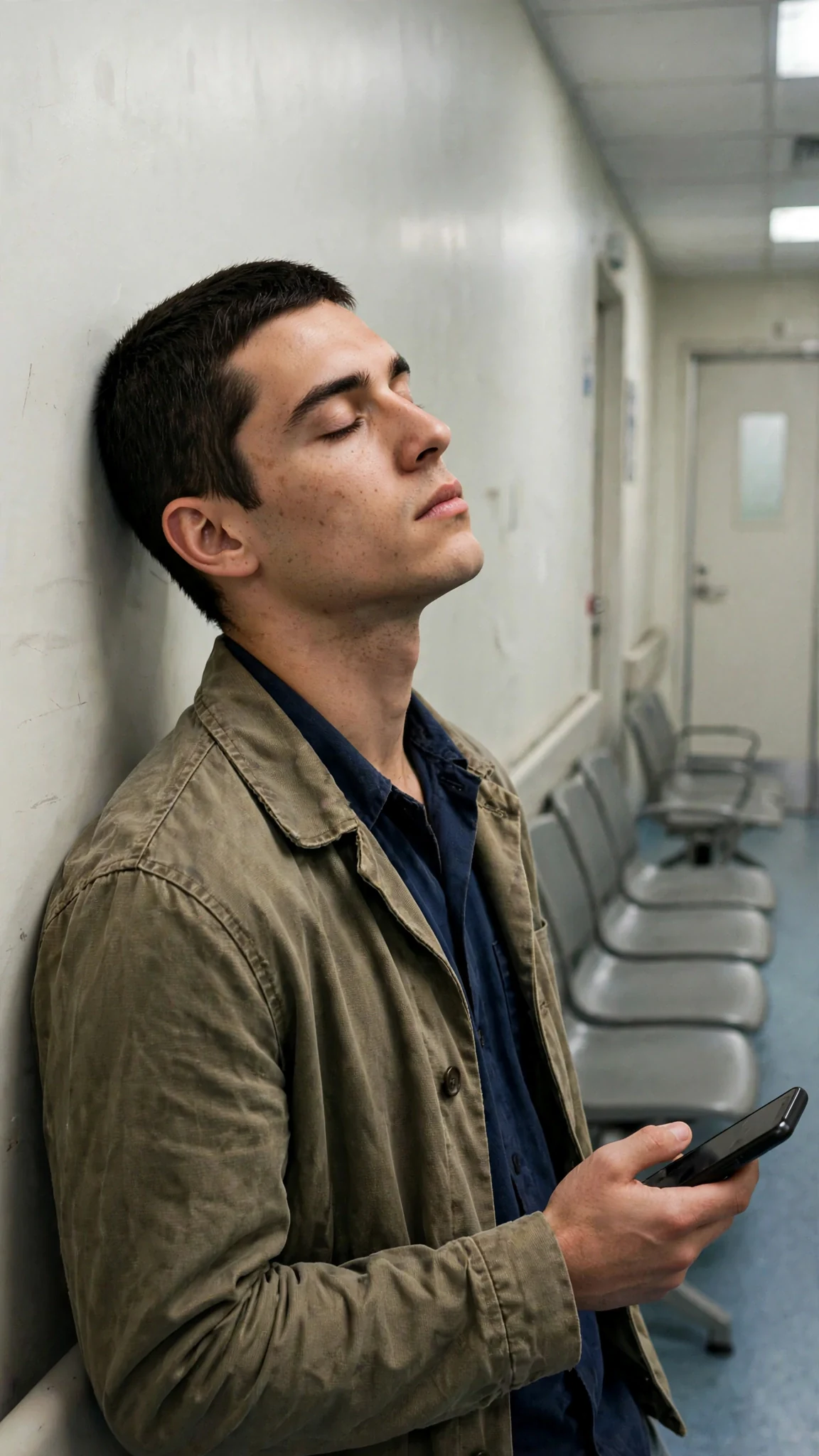 The brother stands alone in a hospital corridor with his back against the wall, phone in hand.