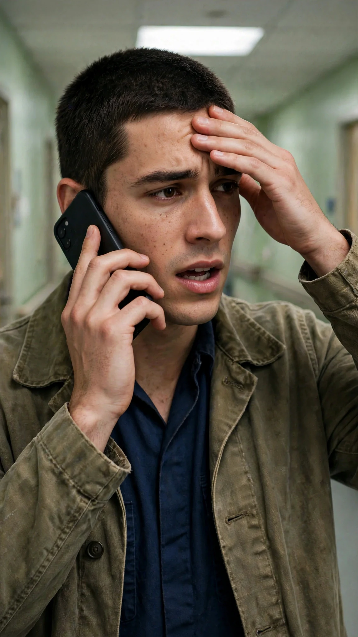 The young man on the phone in the corridor, one hand pressed to his forehead.