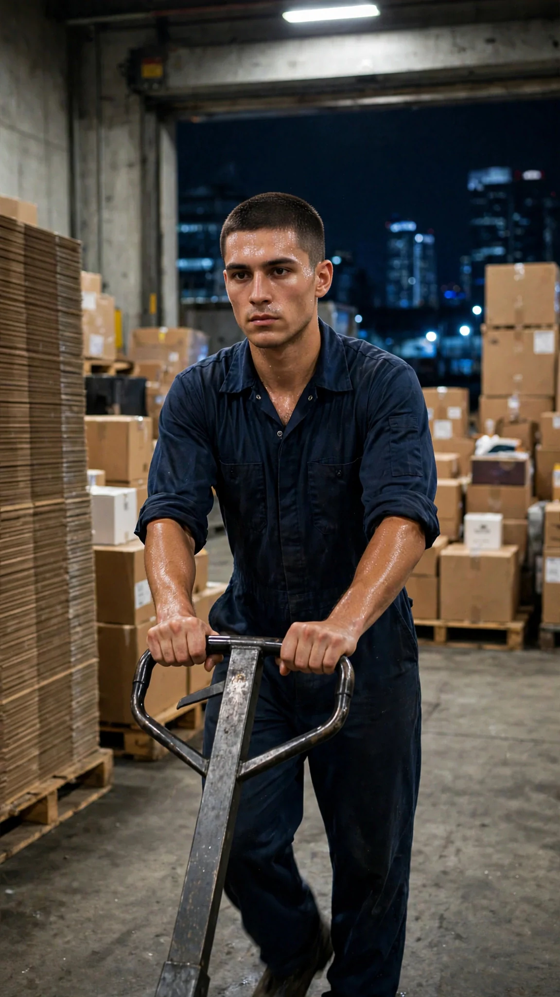 A man in a navy uniform pushes a pallet jack across a dark loading dock under harsh lights.