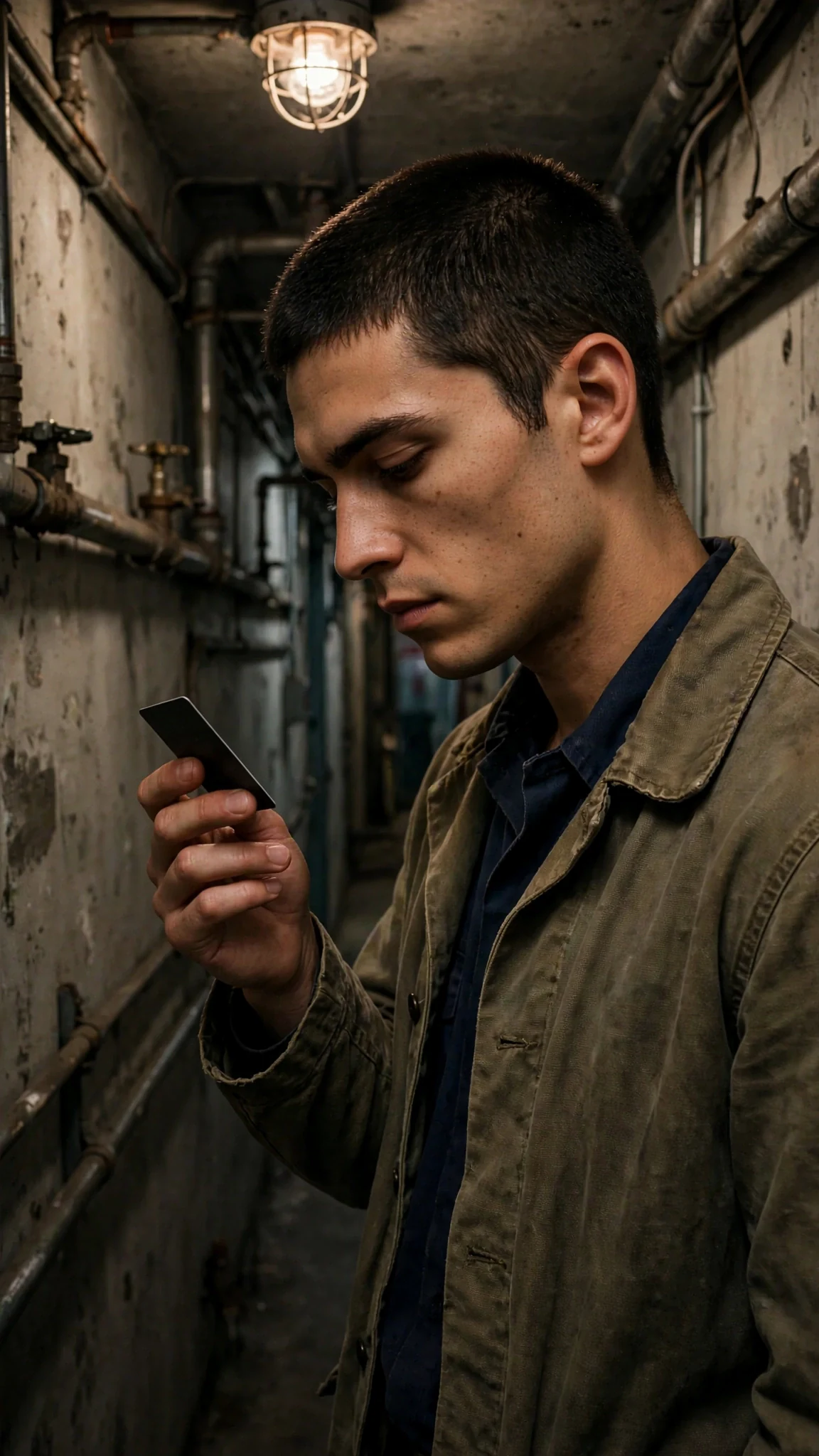 A man in a service hallway holds a black card with no photo and stares at it.