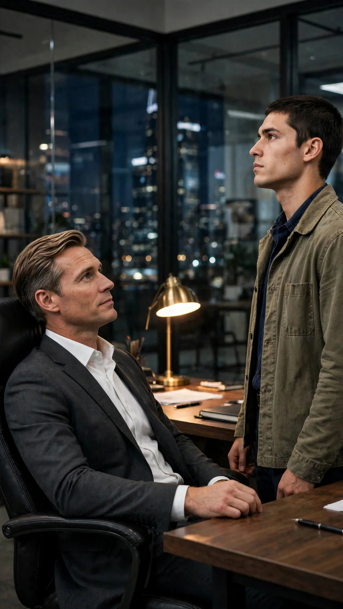 The CEO leans back in his chair, studying the young man like a bill he already paid.