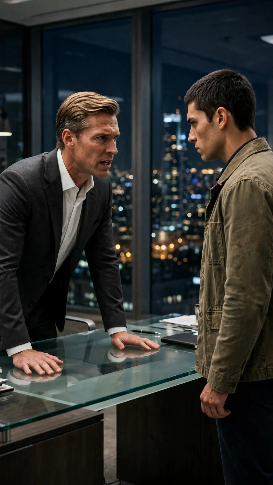 The CEO speaks coldly while the young worker stands rigid across the desk.