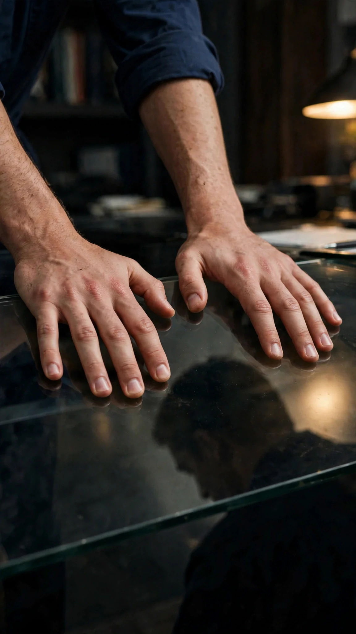A close view of two hands pressed flat on a glass desk, knuckles pale.