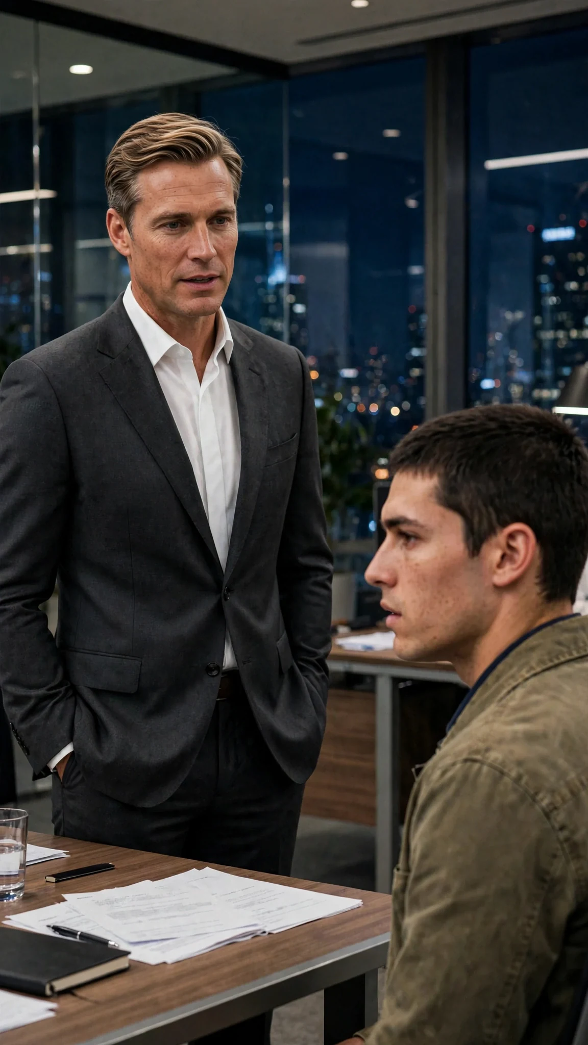 The CEO speaks quietly with cold control, hands in his pockets.