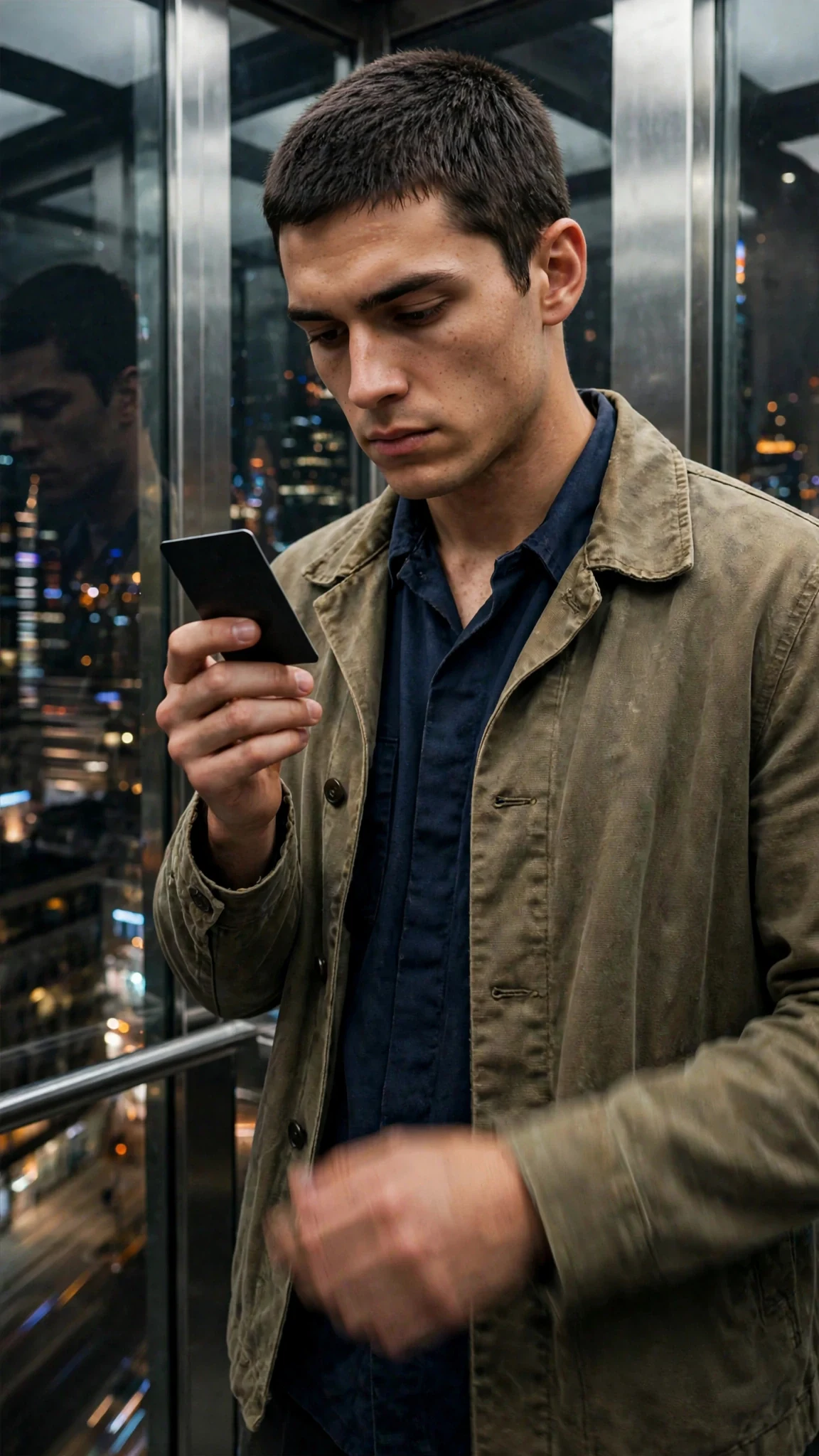 The young man stands in a glass elevator holding a black card, hand trembling.