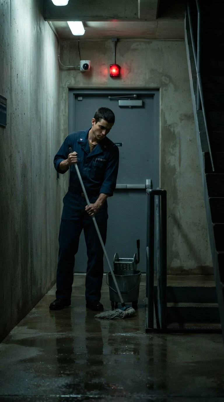 A lone worker mops a concrete stairwell at night, a small camera light above the door.