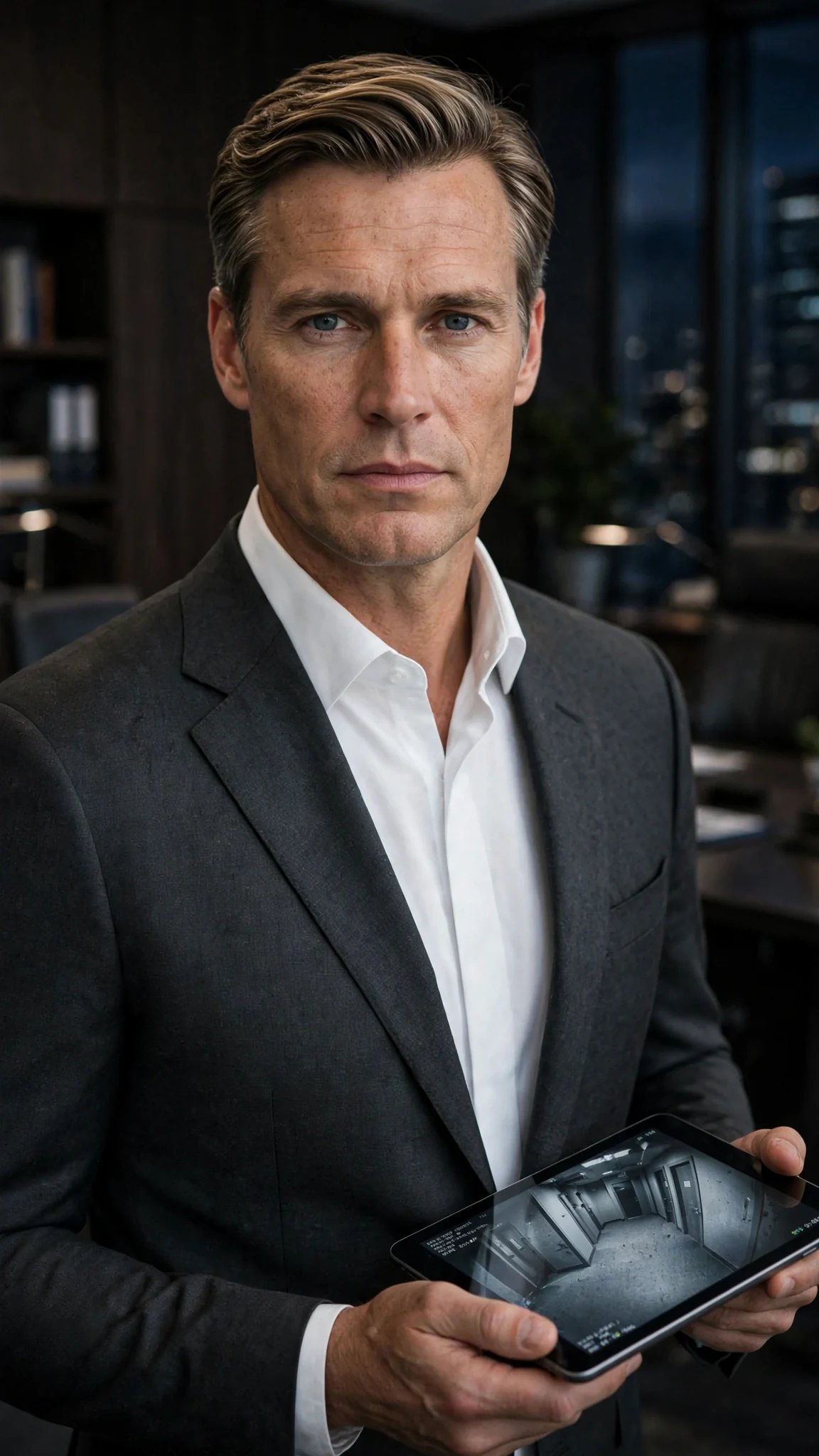 A tall man in a charcoal suit stands in a dark office at night, watching a security feed on a tablet.