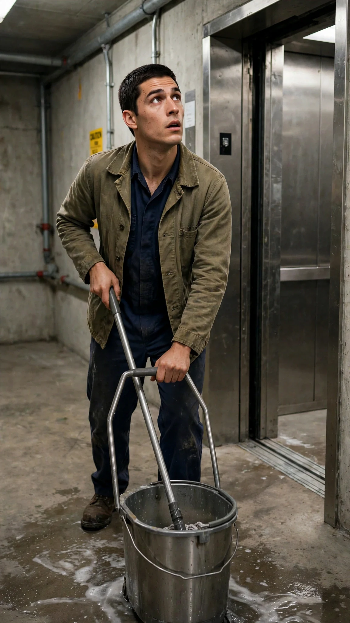 A tired young man in a navy uniform looks up as elevator doors open on him.