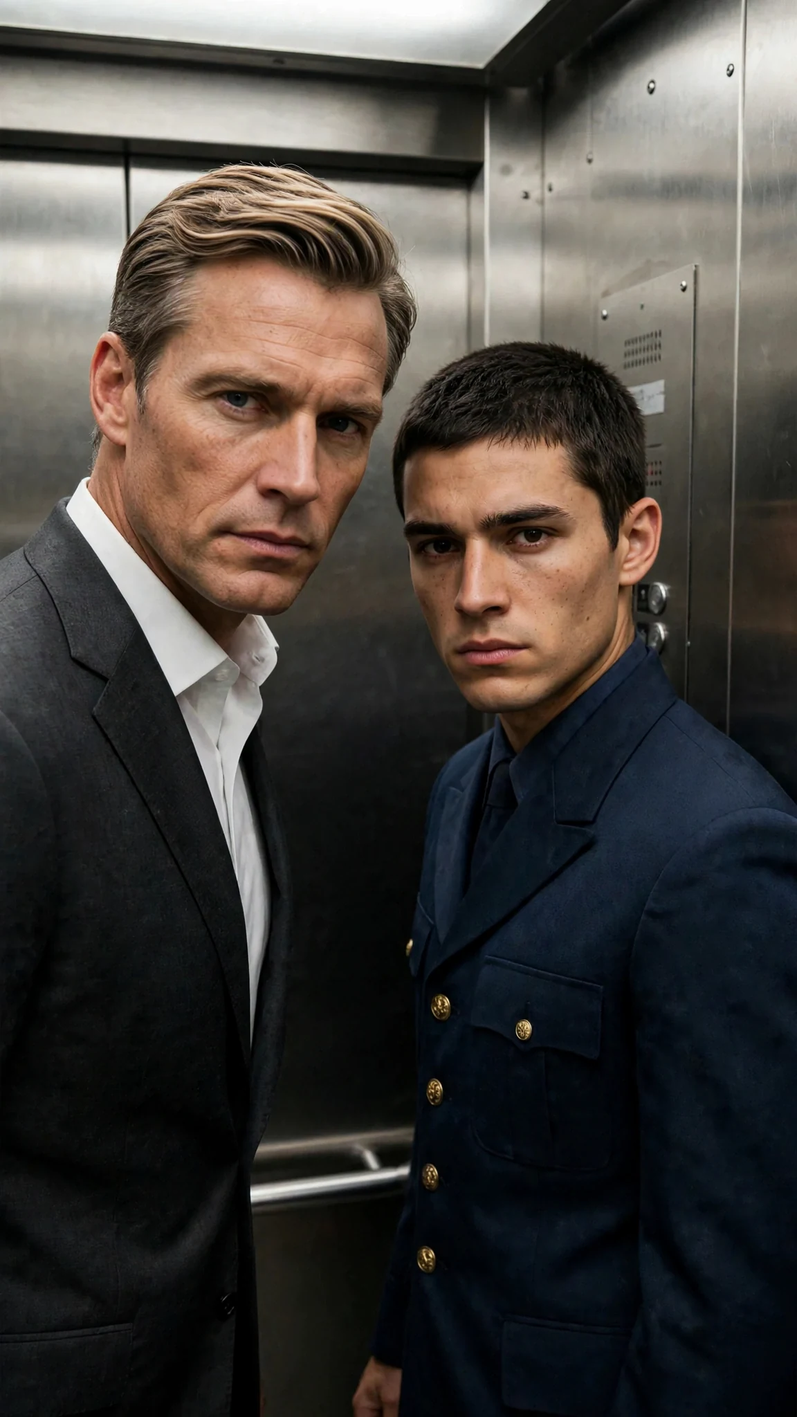 A tall man in a suit steps close to a younger man in a uniform against an elevator wall.
