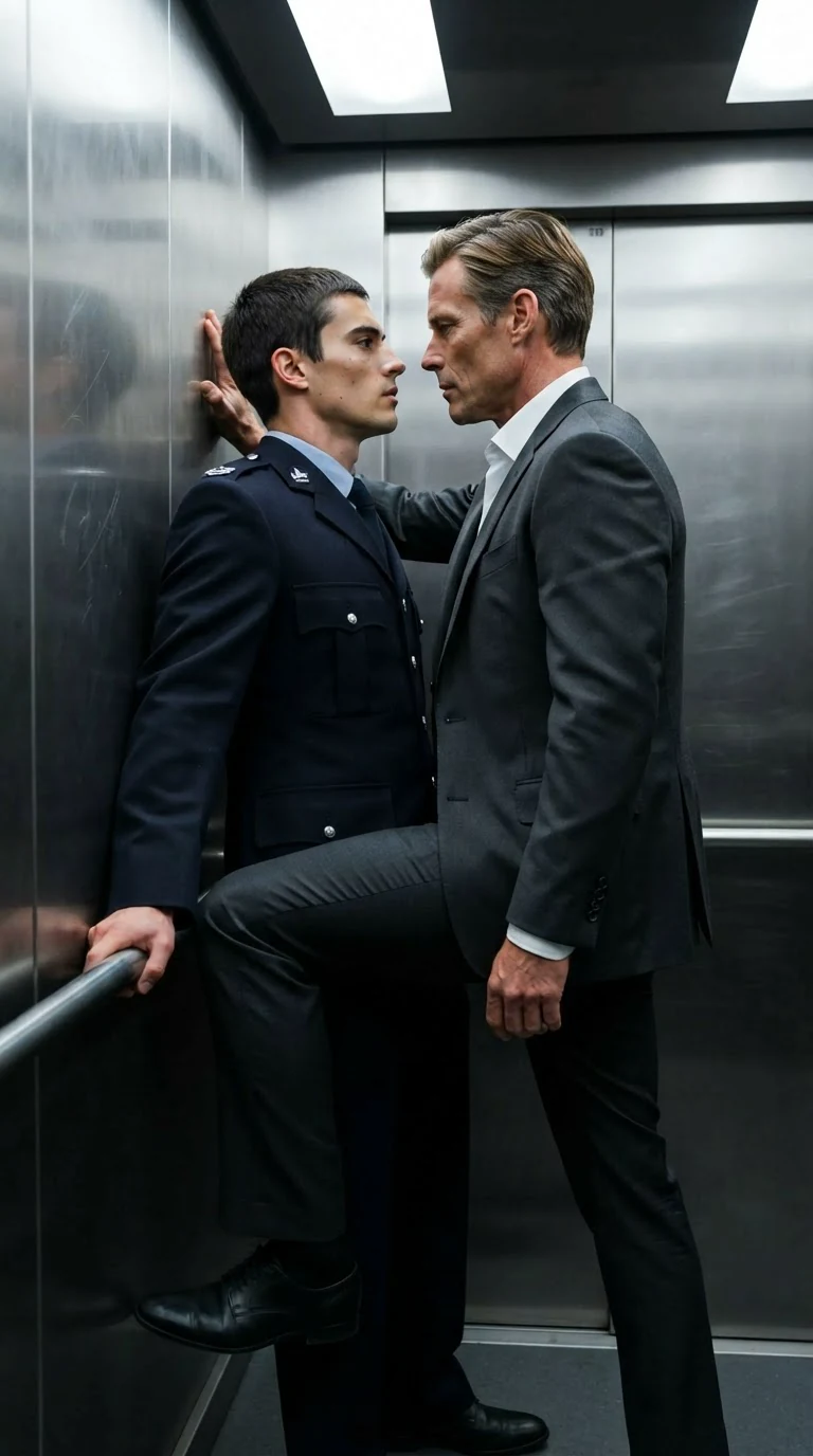 A man in a suit presses his thigh between another man's legs in an elevator.