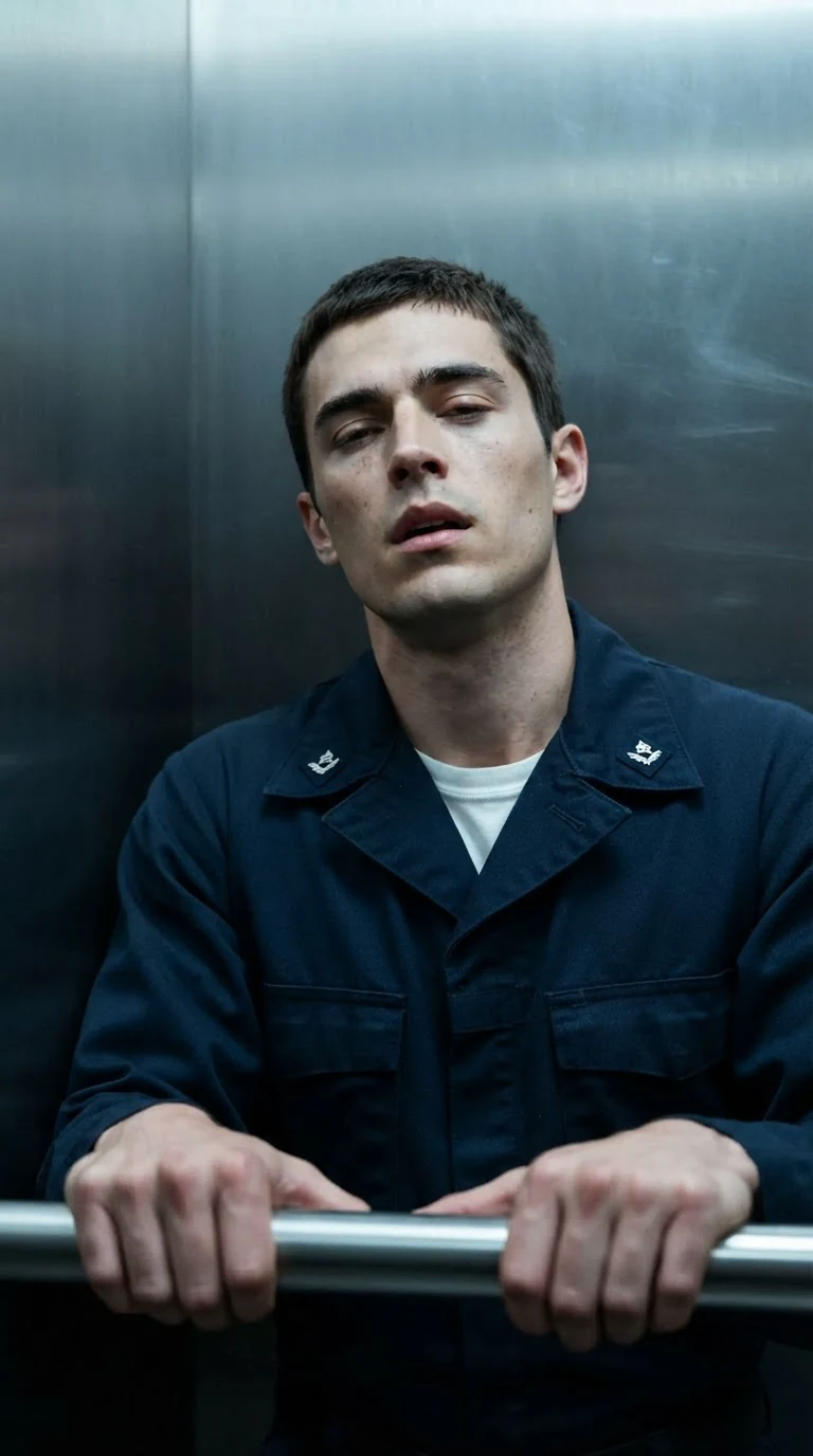 A young man in a uniform grips an elevator rail, eyes half closed, breath caught.