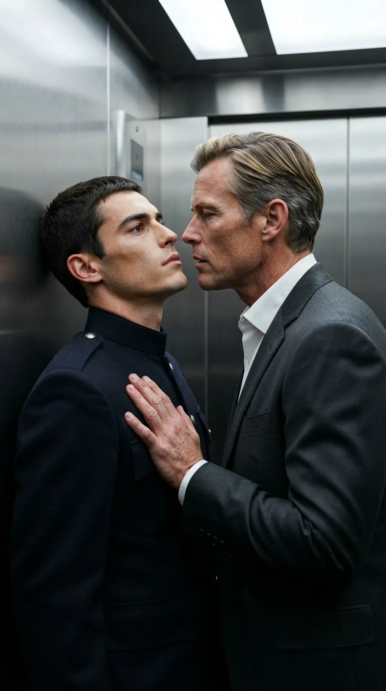 A man in a suit leans to another man's ear, hand flat on his chest.