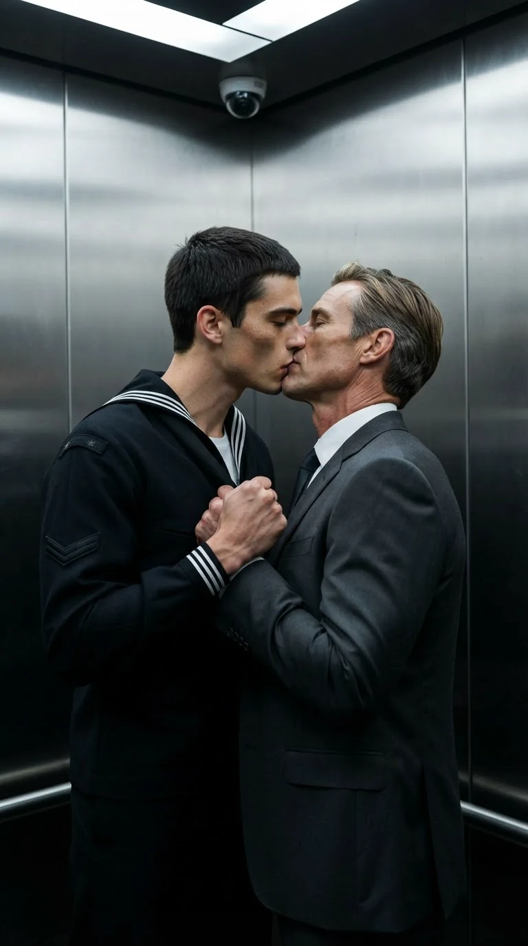A young man in a uniform pulls a man in a suit into a hard kiss.
