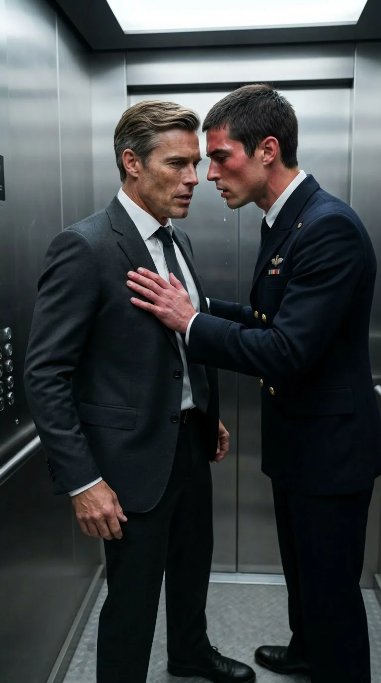 A young man in a uniform pushes a man in a suit back, both breathing hard.
