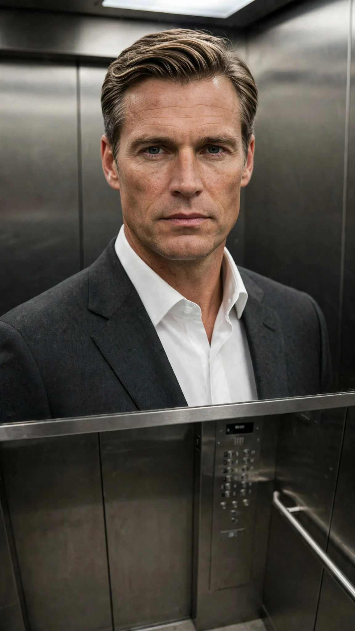 A man in a suit stares, expression cold and unreadable.