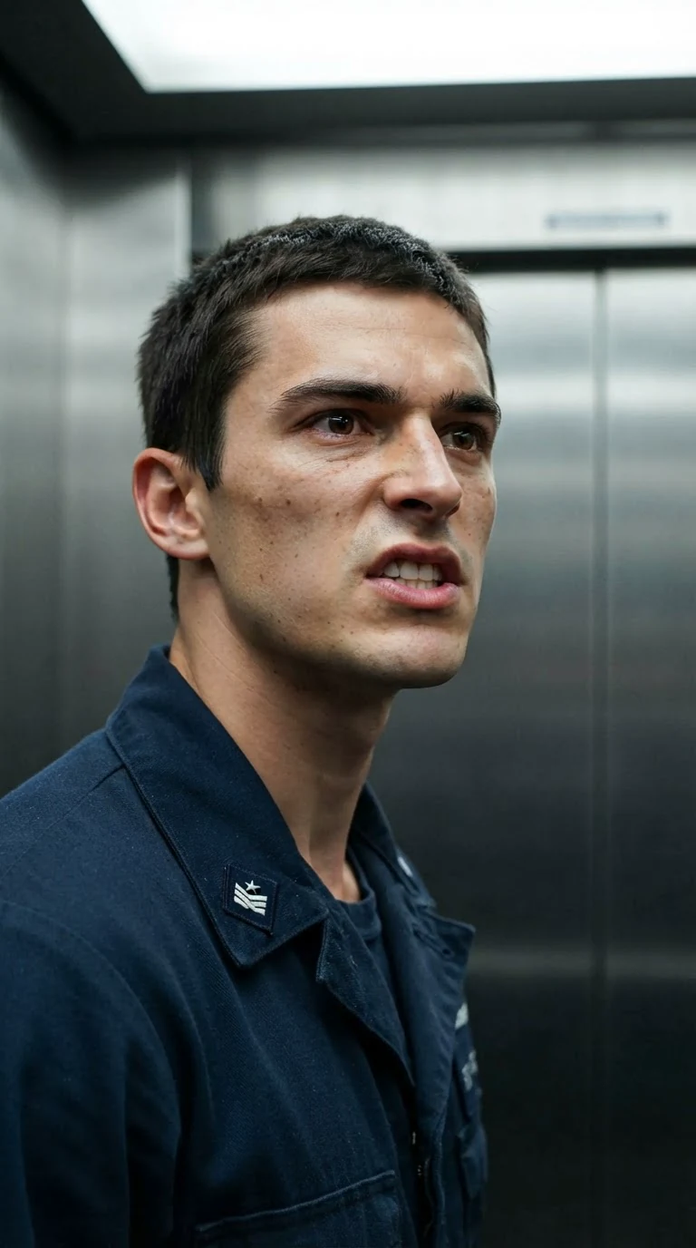 A young man in a uniform speaks with hard anger, pressed against a wall.