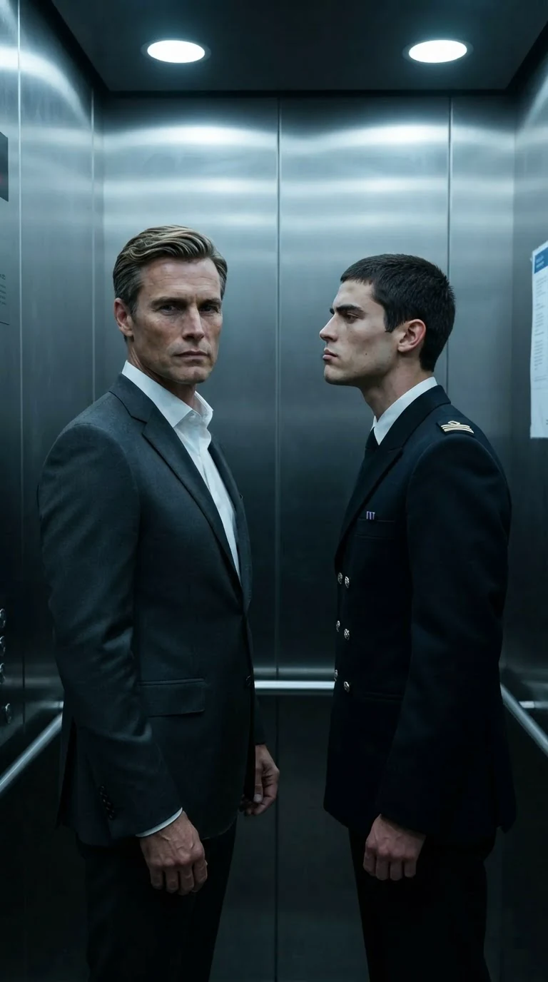 Two men face each other in a stopped elevator, one cold, one angry.