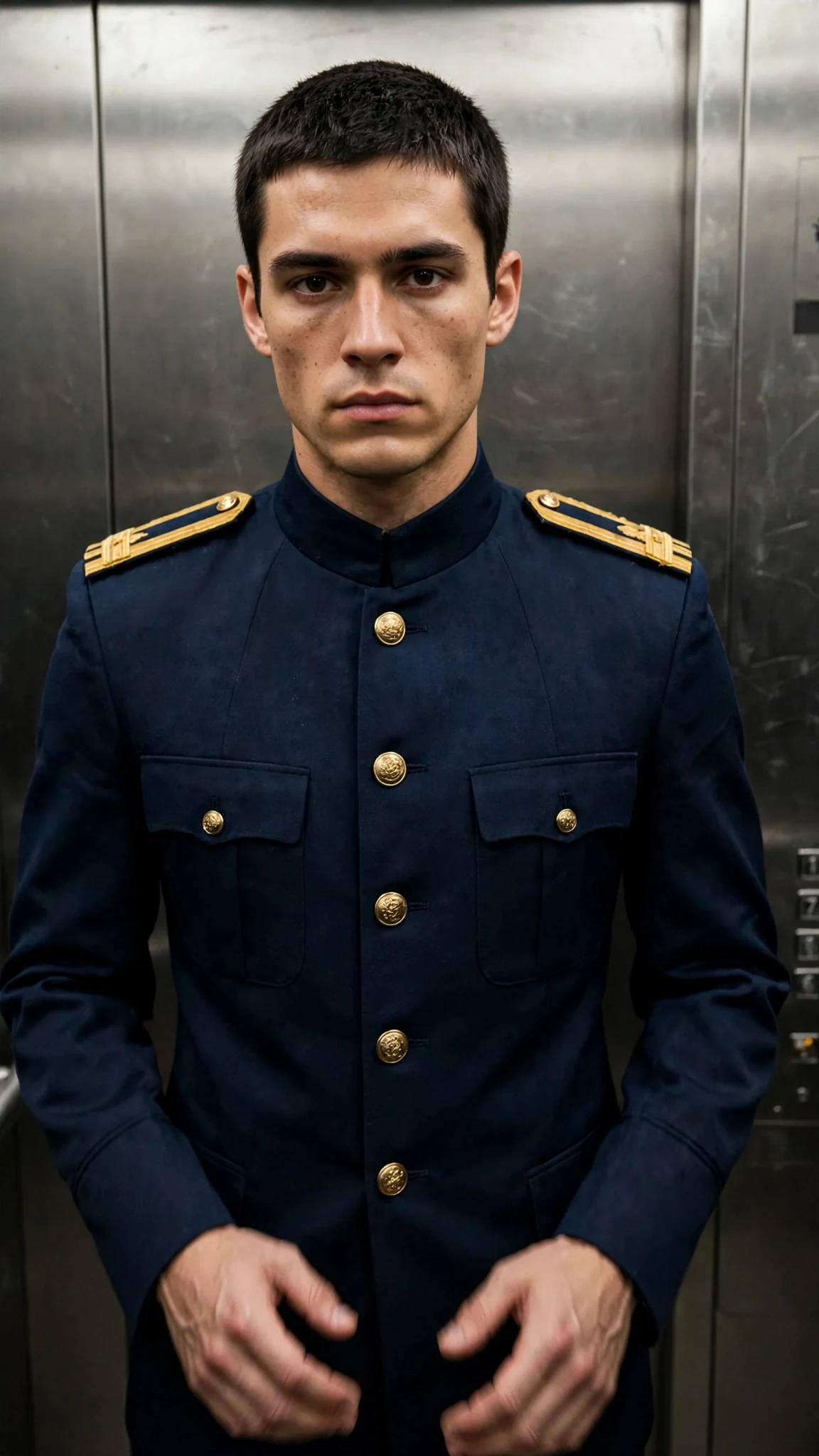 A young man in a uniform stands with shaking hands and a hard face.