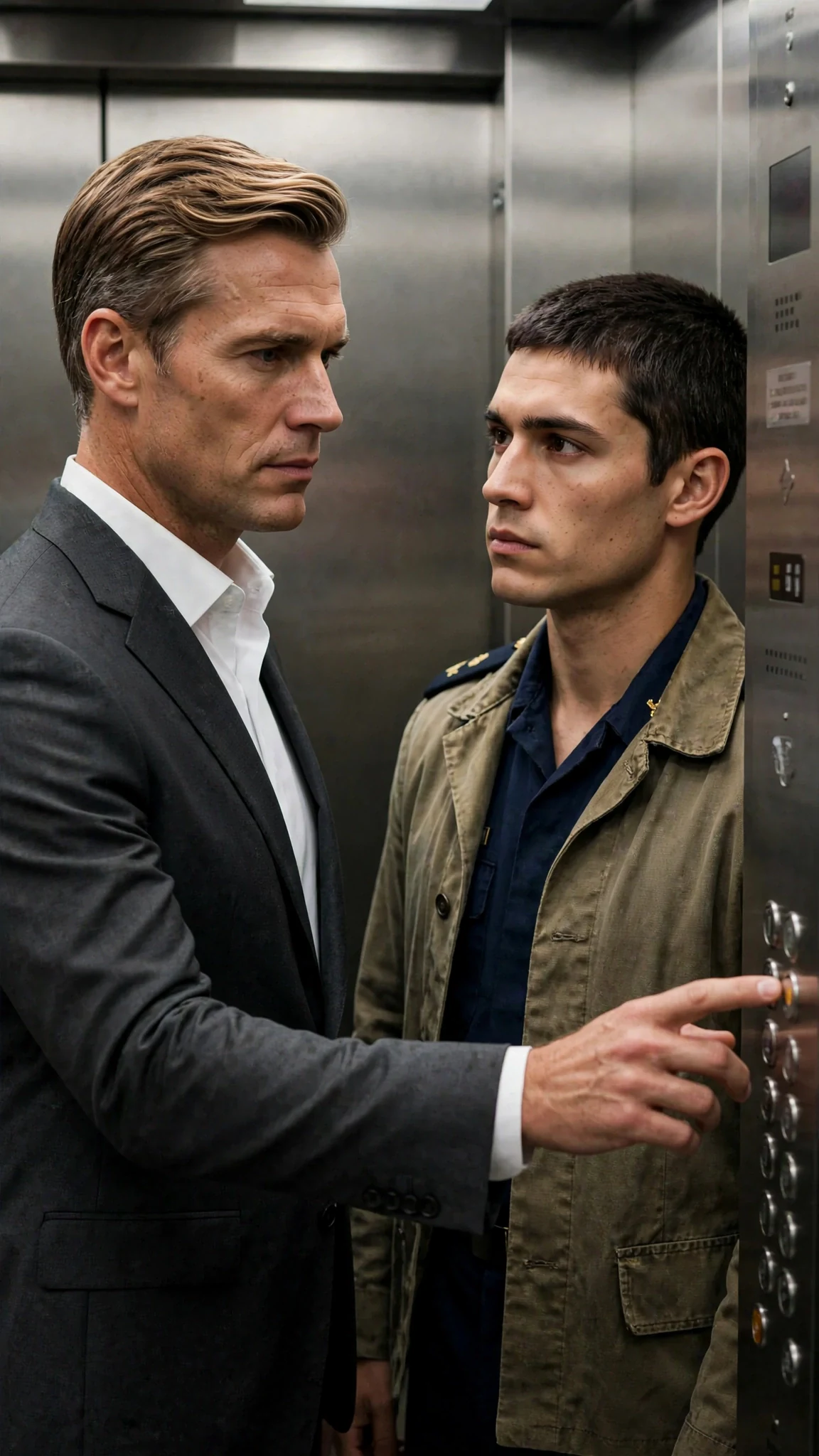A man in a suit reaches toward the elevator panel, eyes still on the other man.