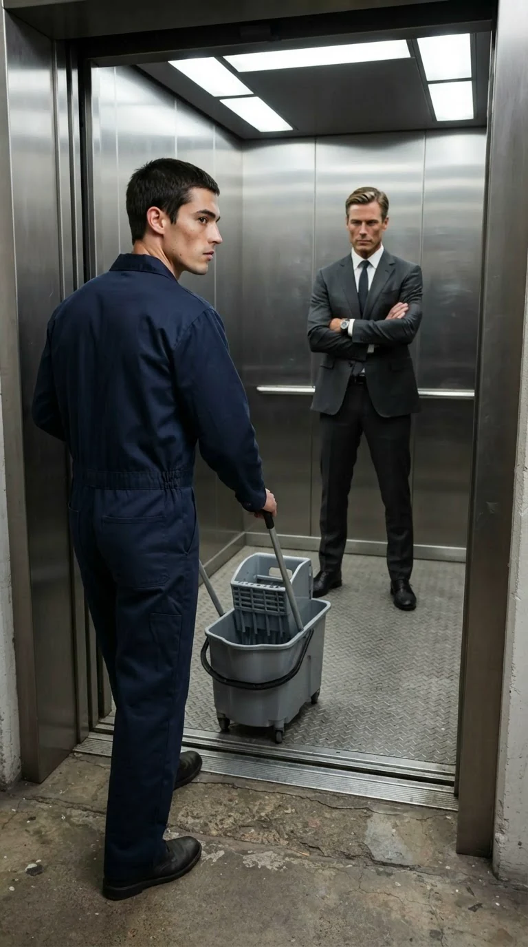 A young man in a uniform pushes a mop bucket out of an elevator, back turned.