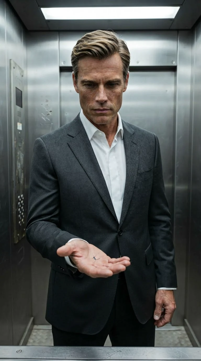 A man in a suit stands alone in an elevator, looking at his open hand.