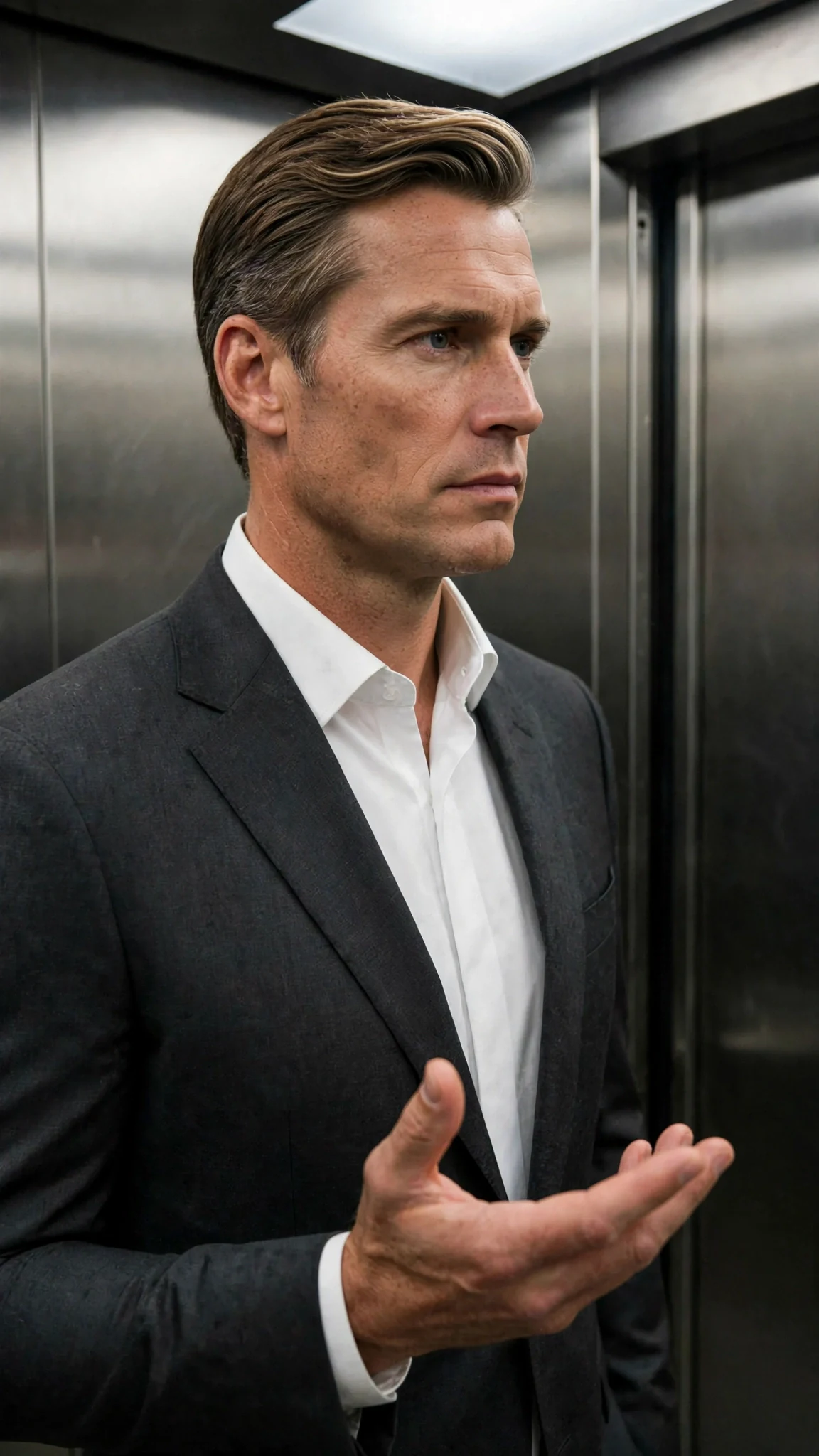 A tall man in a charcoal suit stands alone in an elevator, one hand still raised in the air as the doors slide shut.
